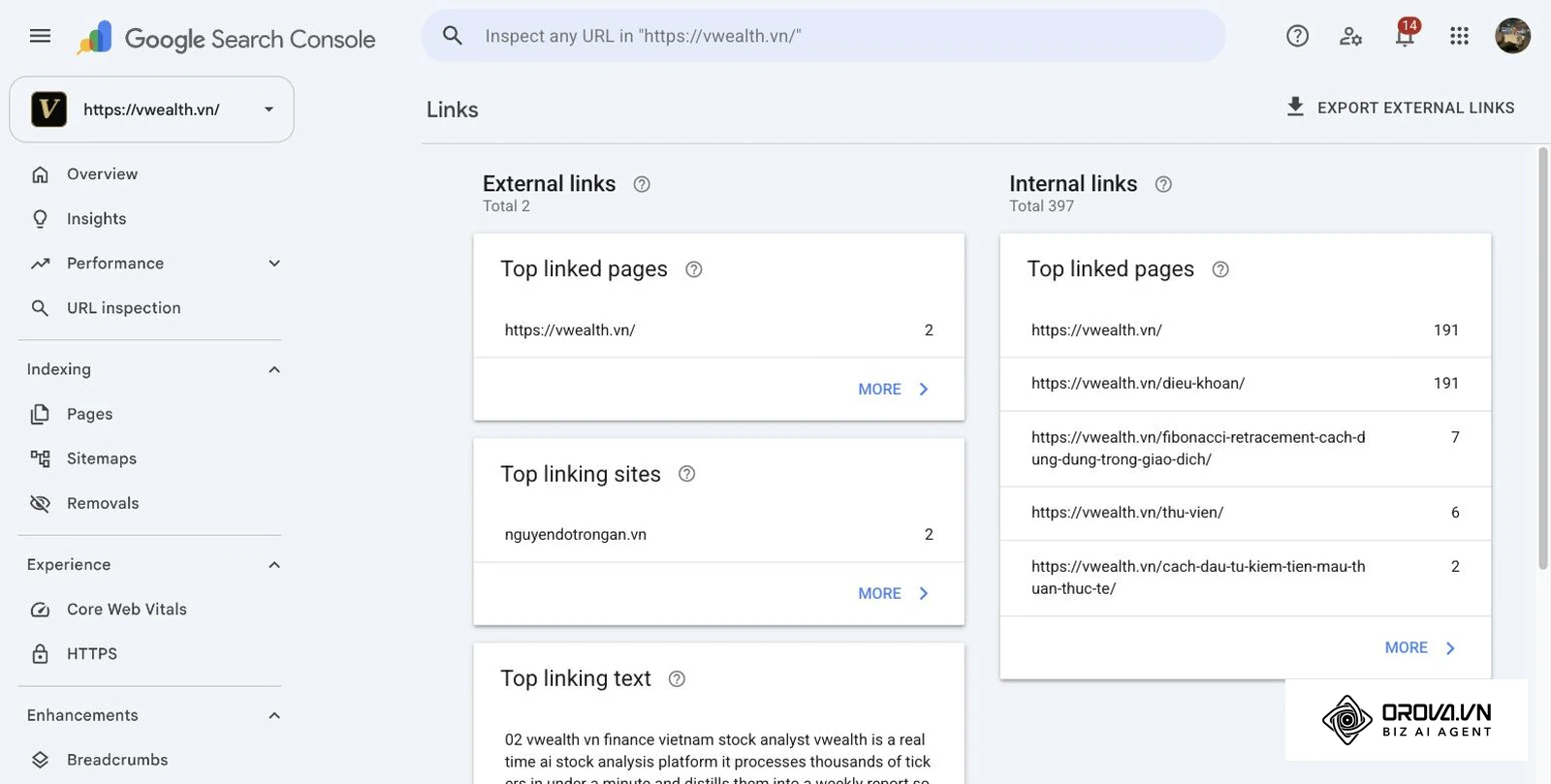 Informe Enlaces de Search Console de vwealth.vn: 397 enlaces internos; la portada y la página legal reciben 191 cada una.