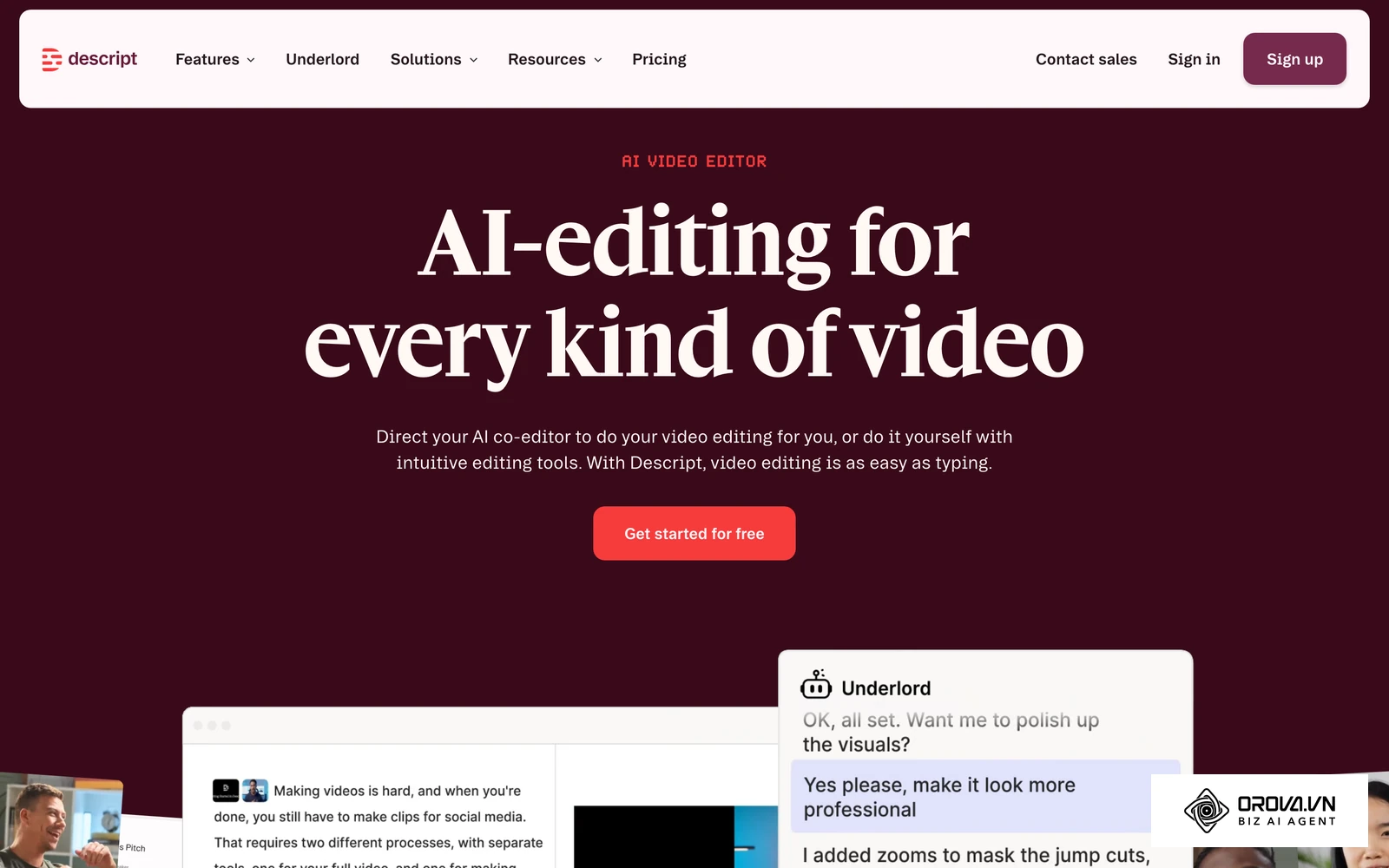 Descript's official site, an AI video editor that edits footage through its transcript.