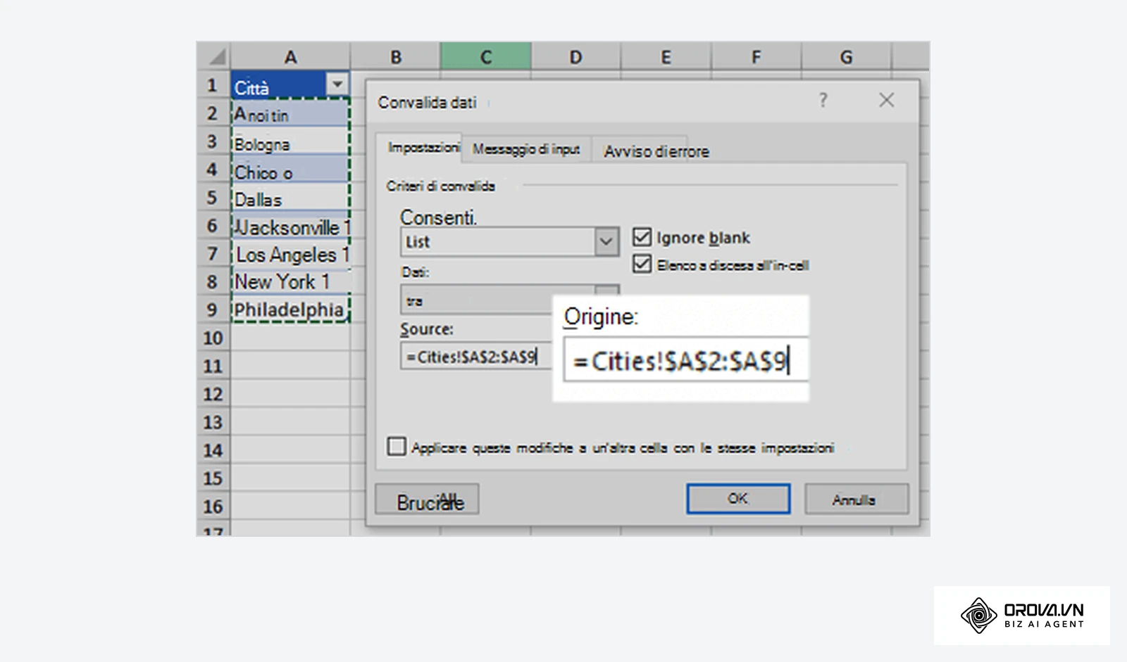 Finestra Convalida dati di Excel con Consenti impostato su Elenco e il campo Origine