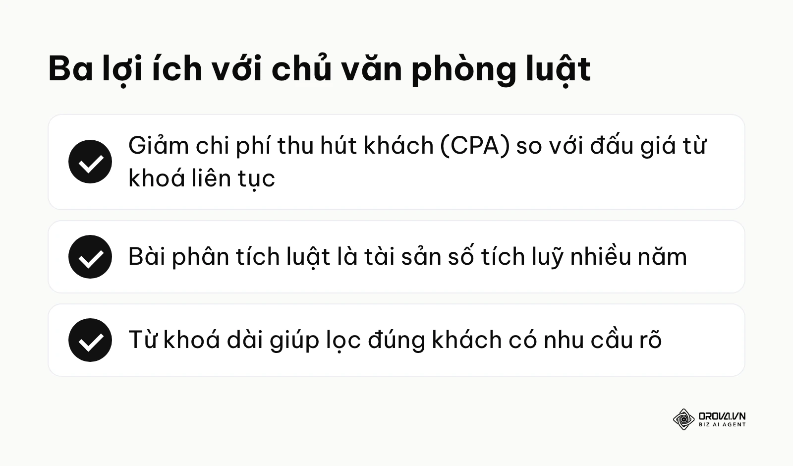 Tóm tắt ba lợi ích của SEO với chủ văn phòng luật: giảm chi phí thu hút khách, tích luỹ tài sản số và lọc đúng khách hàng.