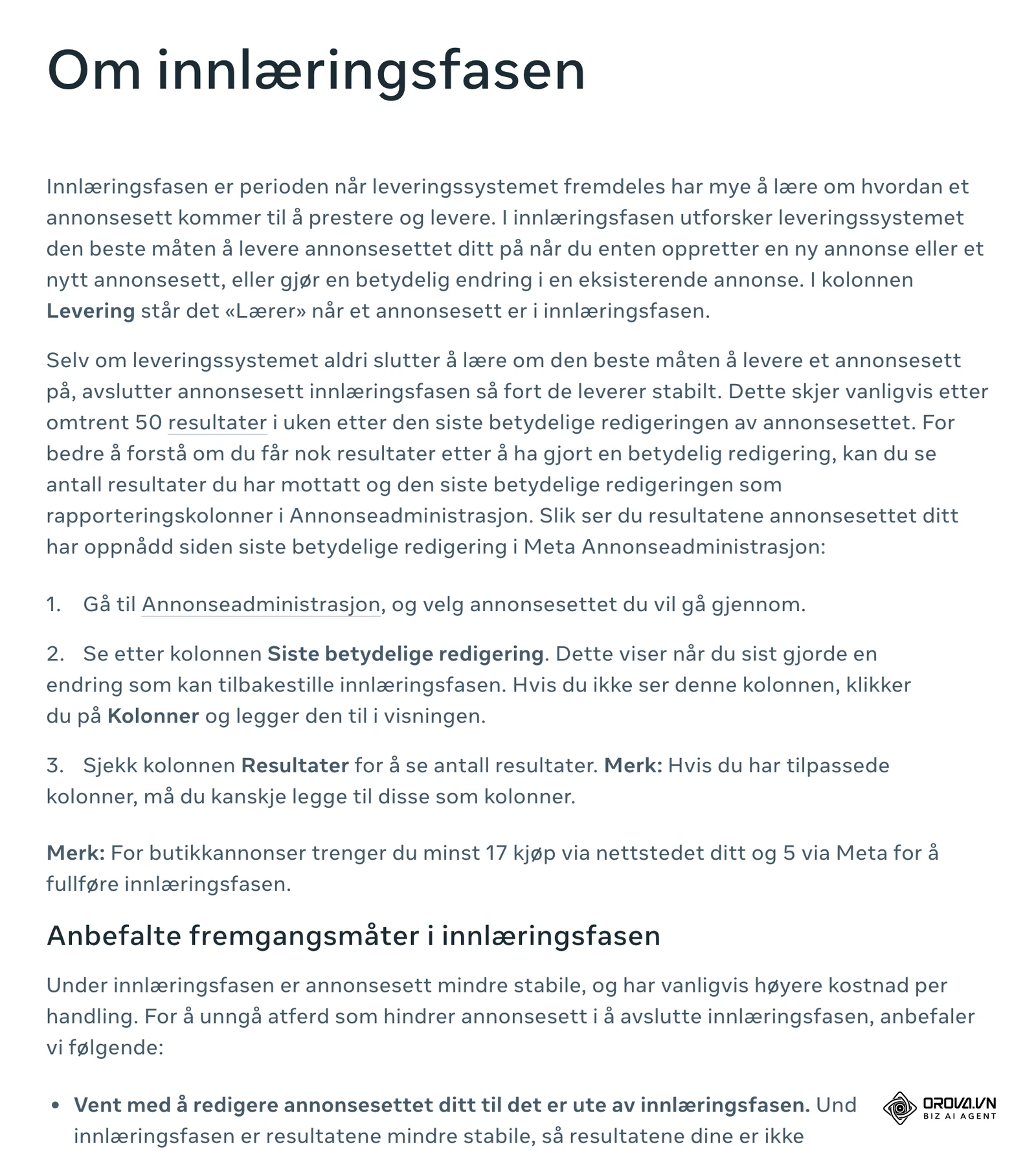 Metas hjelpesenter på bokmål, artikkelen «Om innlæringsfasen»: kolonnen Levering viser «Lærer», og annonsesett avslutter vanligvis innlæringsfasen etter omtrent 50 resultater i uken etter siste betydelige redigering