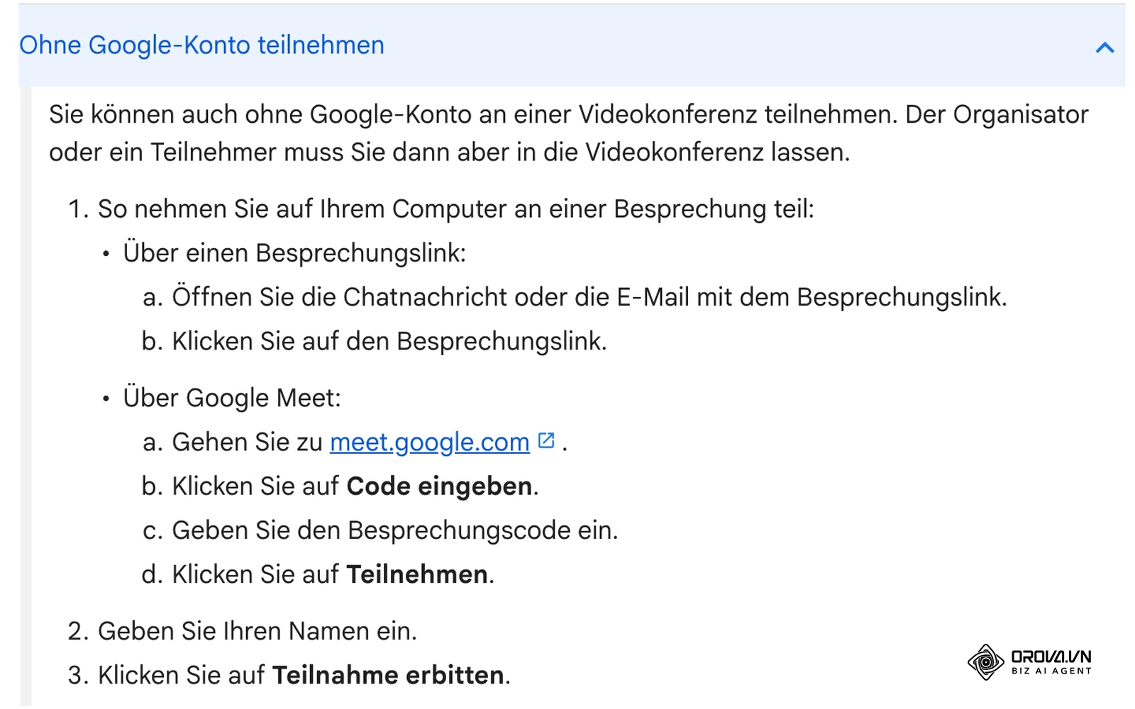 Ausschnitt der Google-Meet-Hilfe: Teilnahme ohne Google-Konto über den Besprechungslink und „Teilnahme erbitten“.