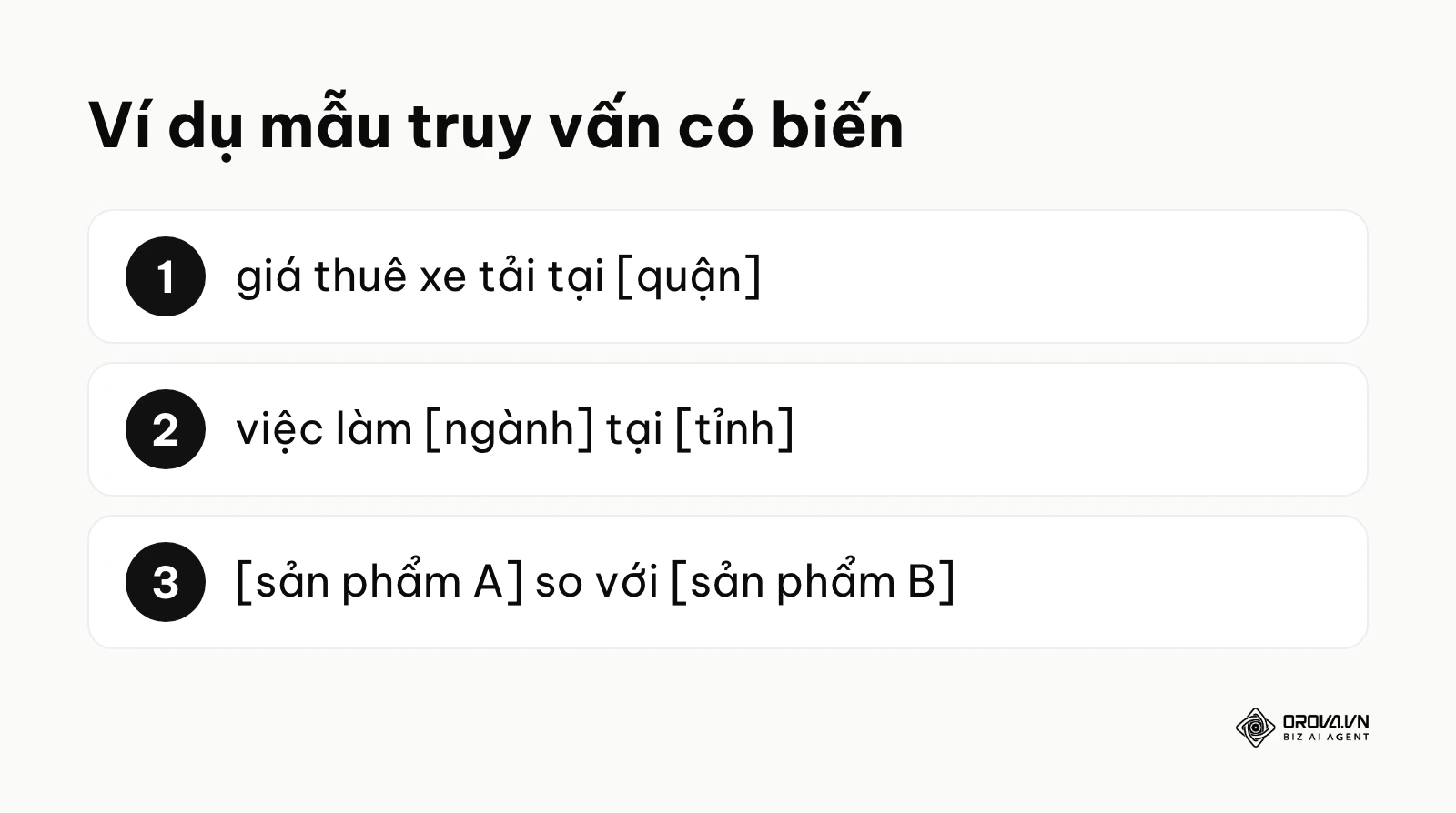 Ba ví dụ mẫu truy vấn gồm phần cố định và biến dùng cho Programmatic SEO