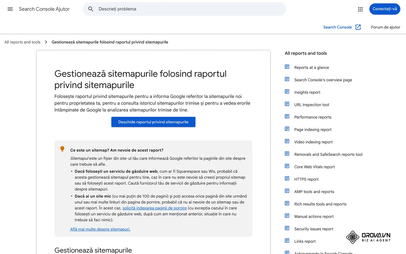 Ajutorul Search Console în română: raportul Sitemapuri – caseta Adaugă un sitemap nou, butonul Trimite și stările Succes, Are erori, Nu s-a putut prelua.