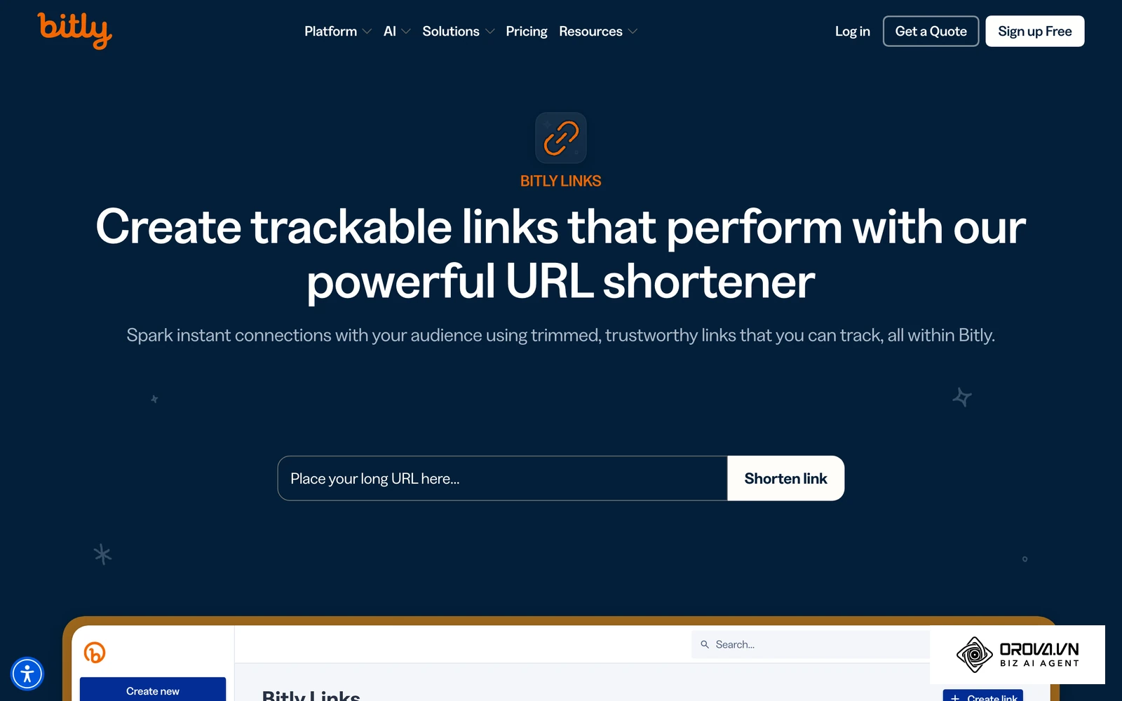 Bitly 官方网址缩短产品页展示的短链接生成与管理界面。