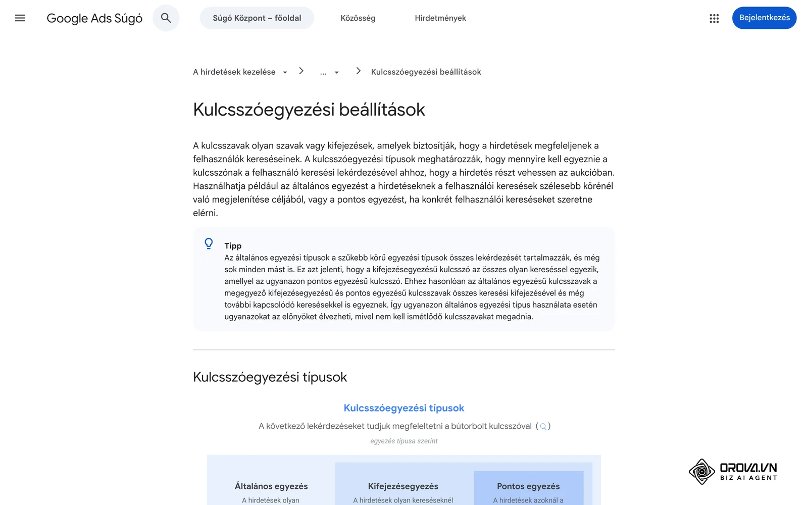 A Google Ads Súgó magyar oldala a kulcsszóegyezési beállításokról (általános, kifejezés- és pontos egyezés).