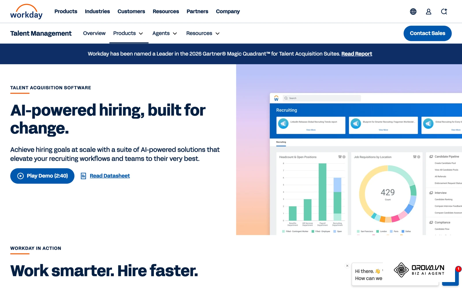 A recruiting product page from an enterprise vendor, centered on candidate pipelines and hiring team collaboration.