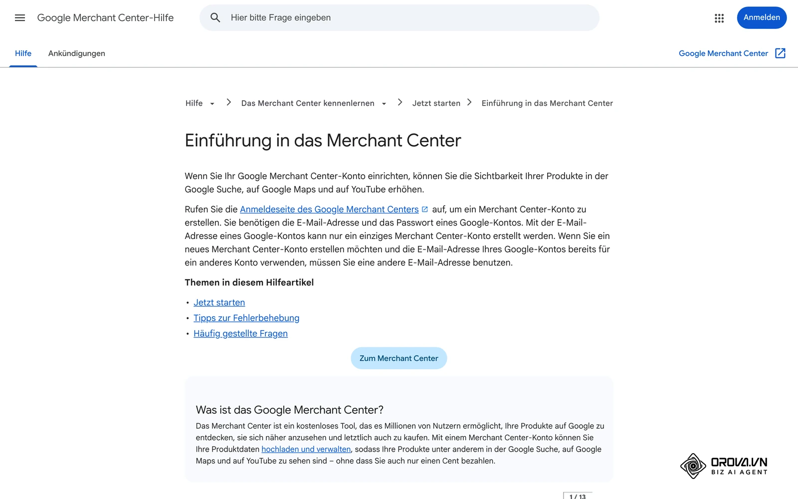Merchant Center-Hilfe von Google: Einführung in das Merchant Center mit den ersten Schritten zur Kontoeinrichtung.