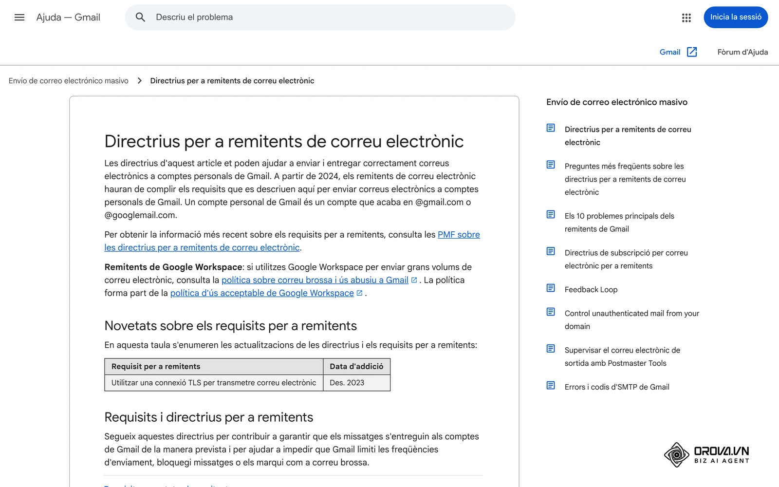 Pàgina d'ajuda oficial de Google amb les directrius per als remitents de correu: autenticació SPF, DKIM i DMARC, baixa amb un sol clic i taxa de queixes.