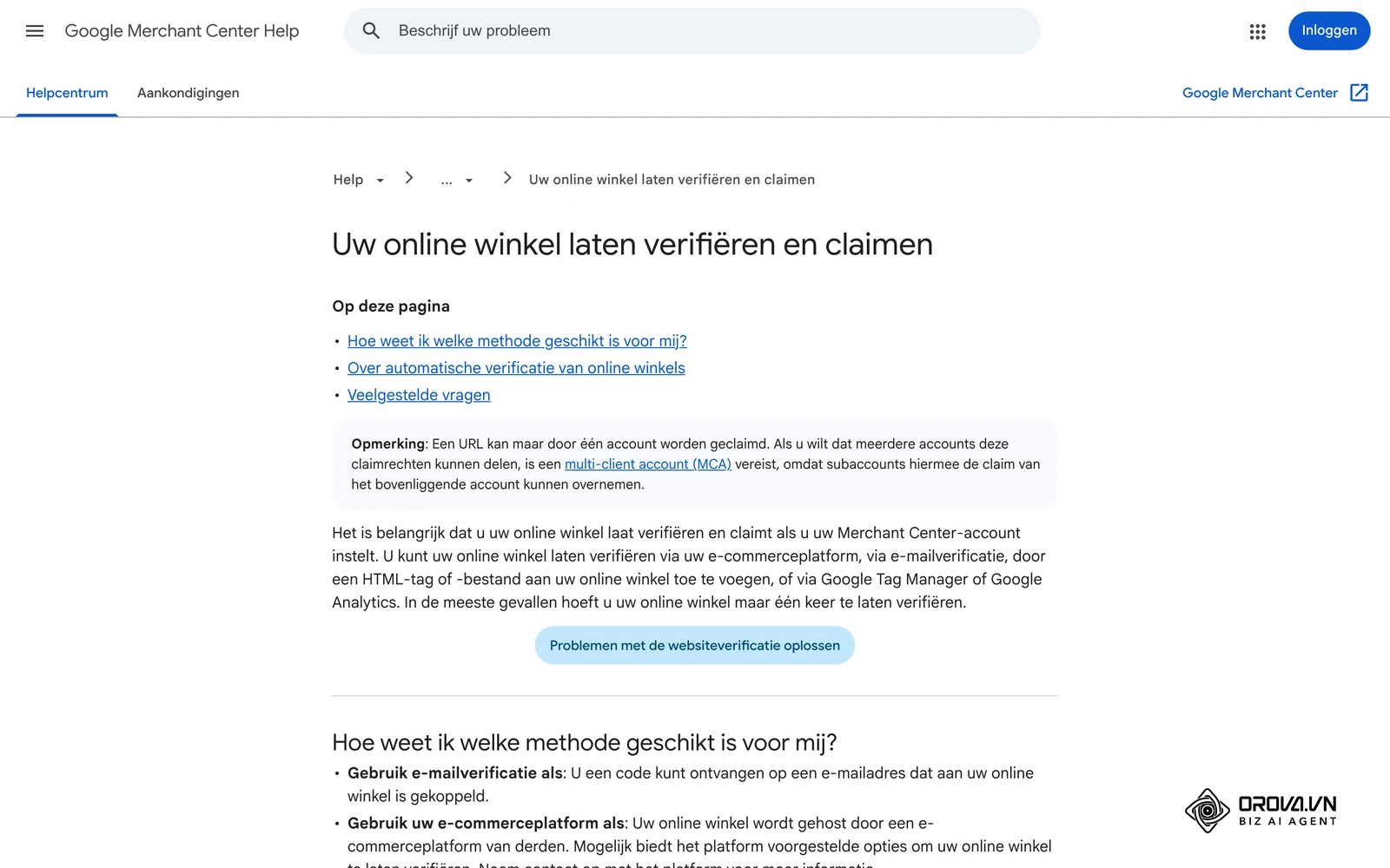 Merchant Center-Help: Uw online winkel laten verifiëren en claimen, met de beschikbare verificatiemethoden.