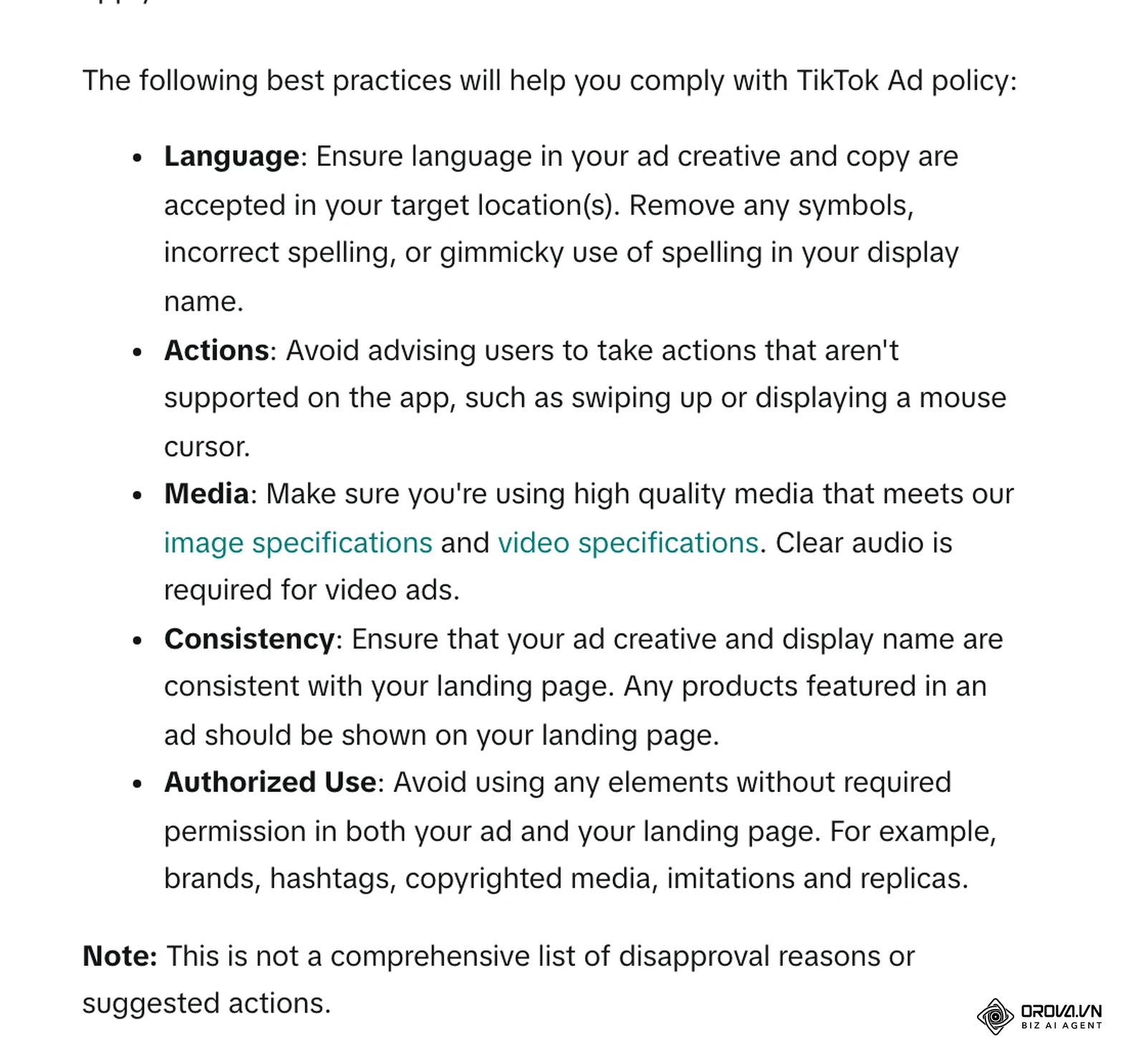 TikTok verslo pagalbos centras (anglų k.): „Best practices for ad reviews“ – kalba, veiksmai, medija, nuoseklumas ir leidimai.