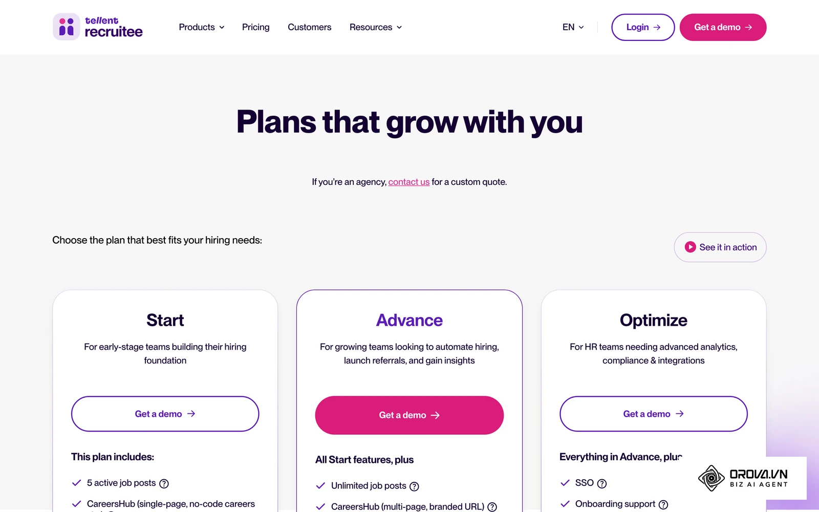 Recruitee's official pricing page listing the Start, Advance and Optimize plans, with prices available only through a demo (checked October 2026).