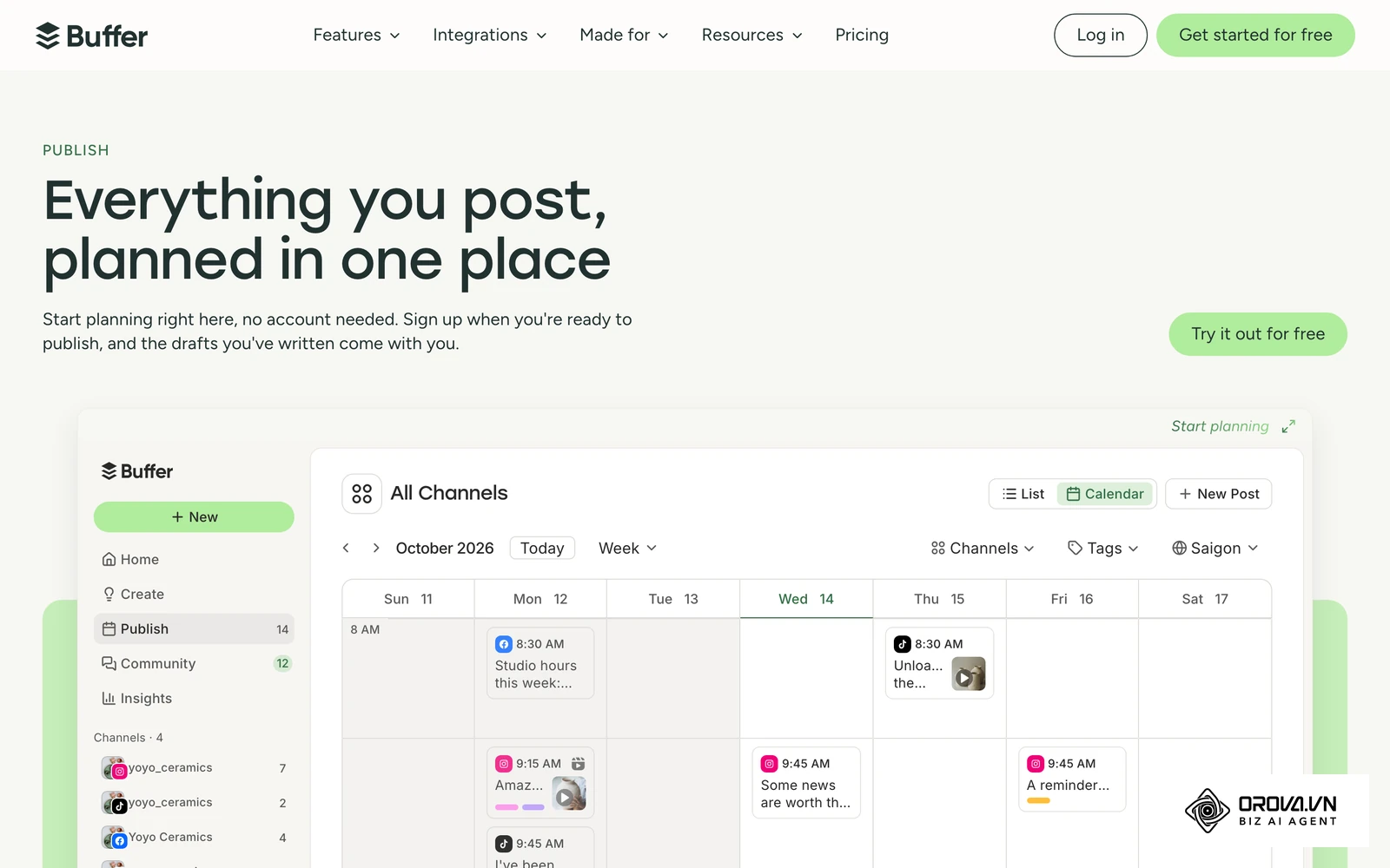Buffer's publish calendar in week view: scheduled posts for each channel sit in time slots from Sunday to Saturday.