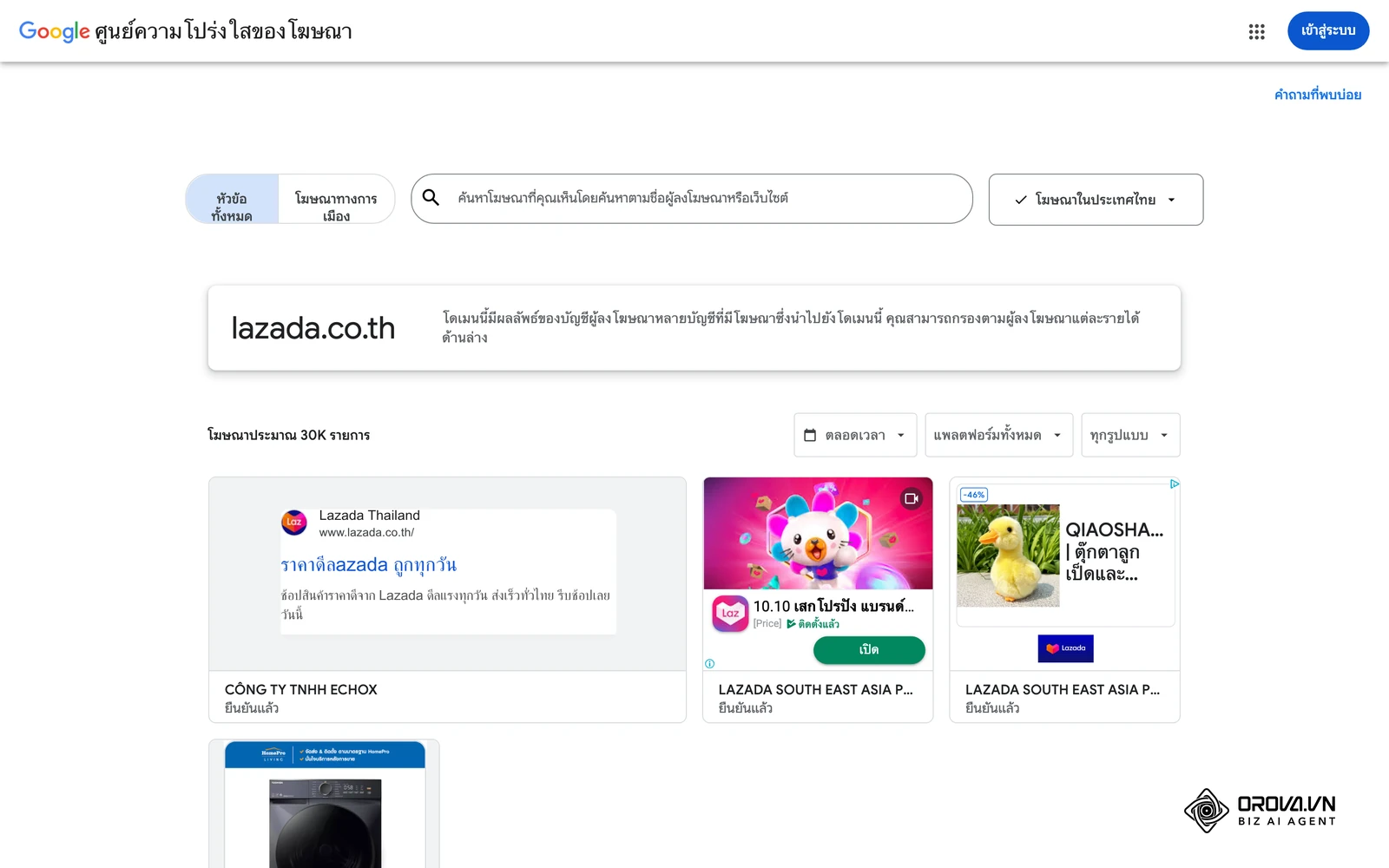 โฆษณาจริงของโดเมน lazada.co.th ที่แสดงในประเทศไทย จาก Google Ads Transparency Center — ข้อความโฆษณาค้นหาแบบนี้คือชิ้นงานที่ Quality Score ใช้ประเมินด้าน Expected CTR และ Ad Relevance