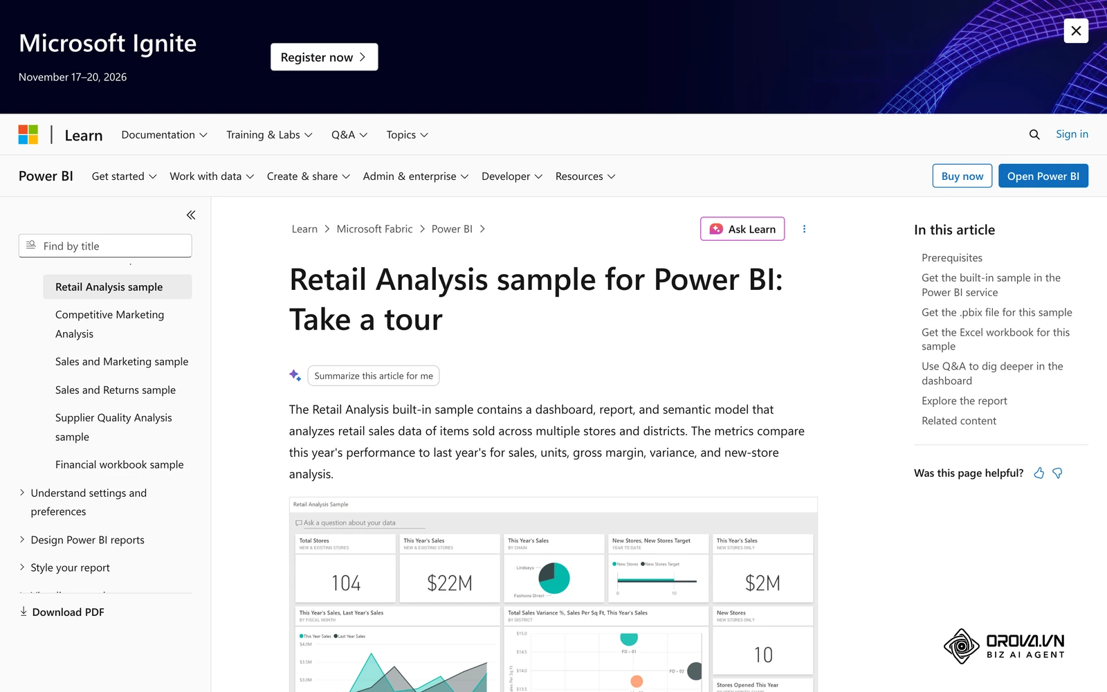 รายงานตัวอย่าง Retail Analysis ในเอกสารทางการของ Microsoft: การ์ด KPI กราฟแท่ง และแผนที่สาขาบนหน้าเดียวของ Power BI