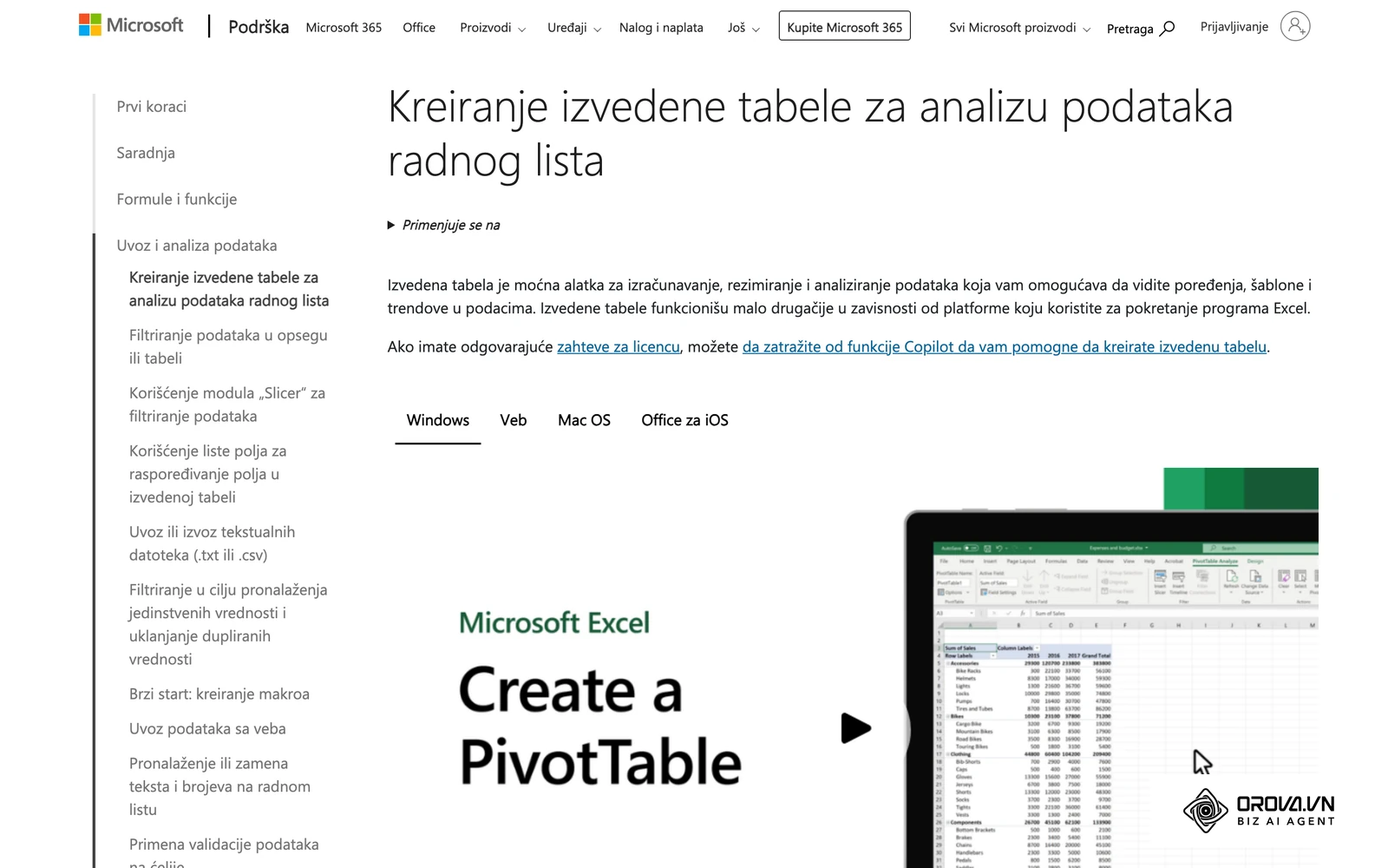 Microsoft podrška (sr-latn): kreiranje izvedene tabele (PivotTable) i raspoređivanje polja u oblasti Rows i Values.
