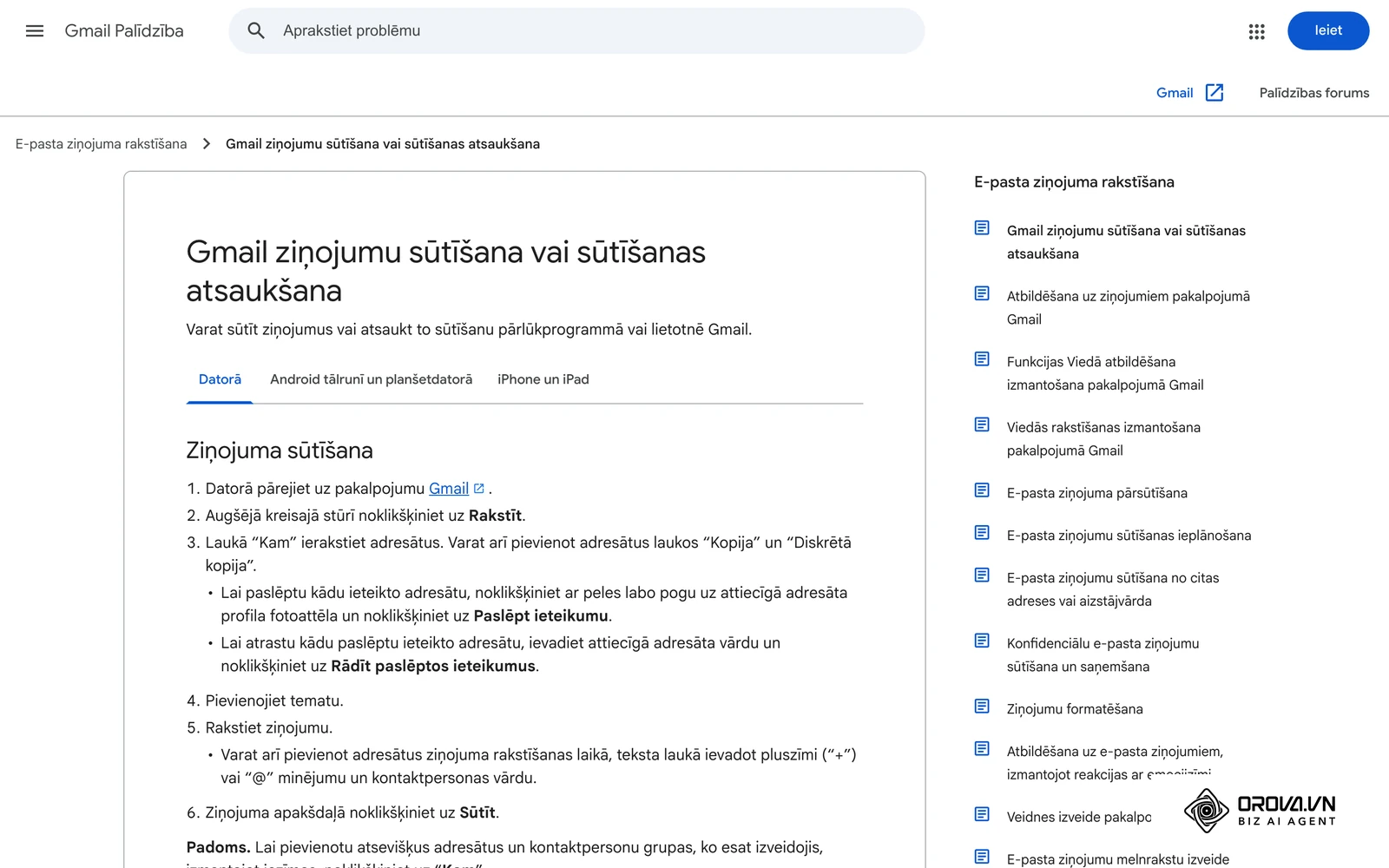 Gmail palīdzības lapa latviešu valodā par e-pasta sūtīšanu: lauki Kam, Temats un vēstules teksts.