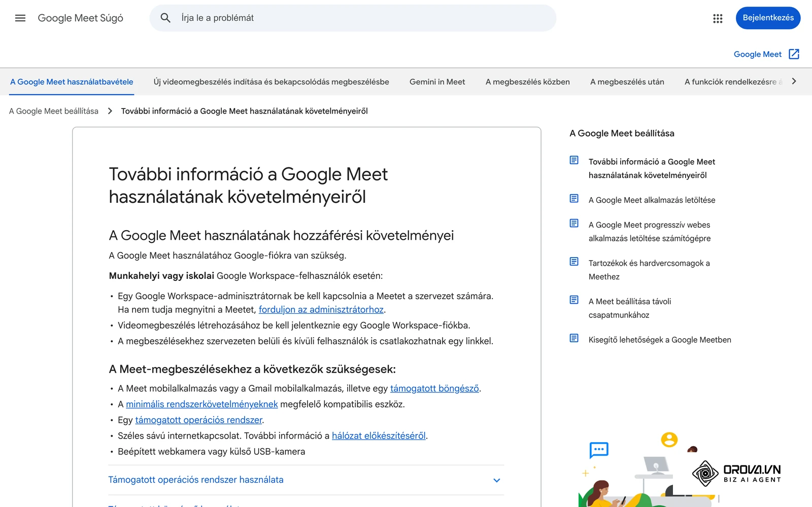 A Google Meet magyar súgója a használati követelményekről: a Meethez Google-fiók szükséges
