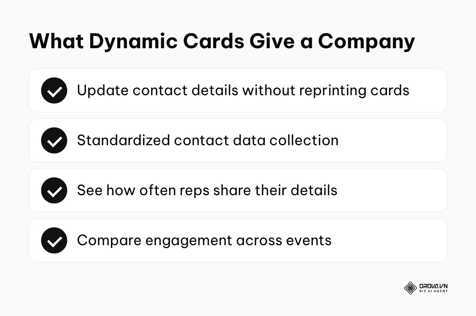 Checklist of enterprise benefits of dynamic QR code business cards.