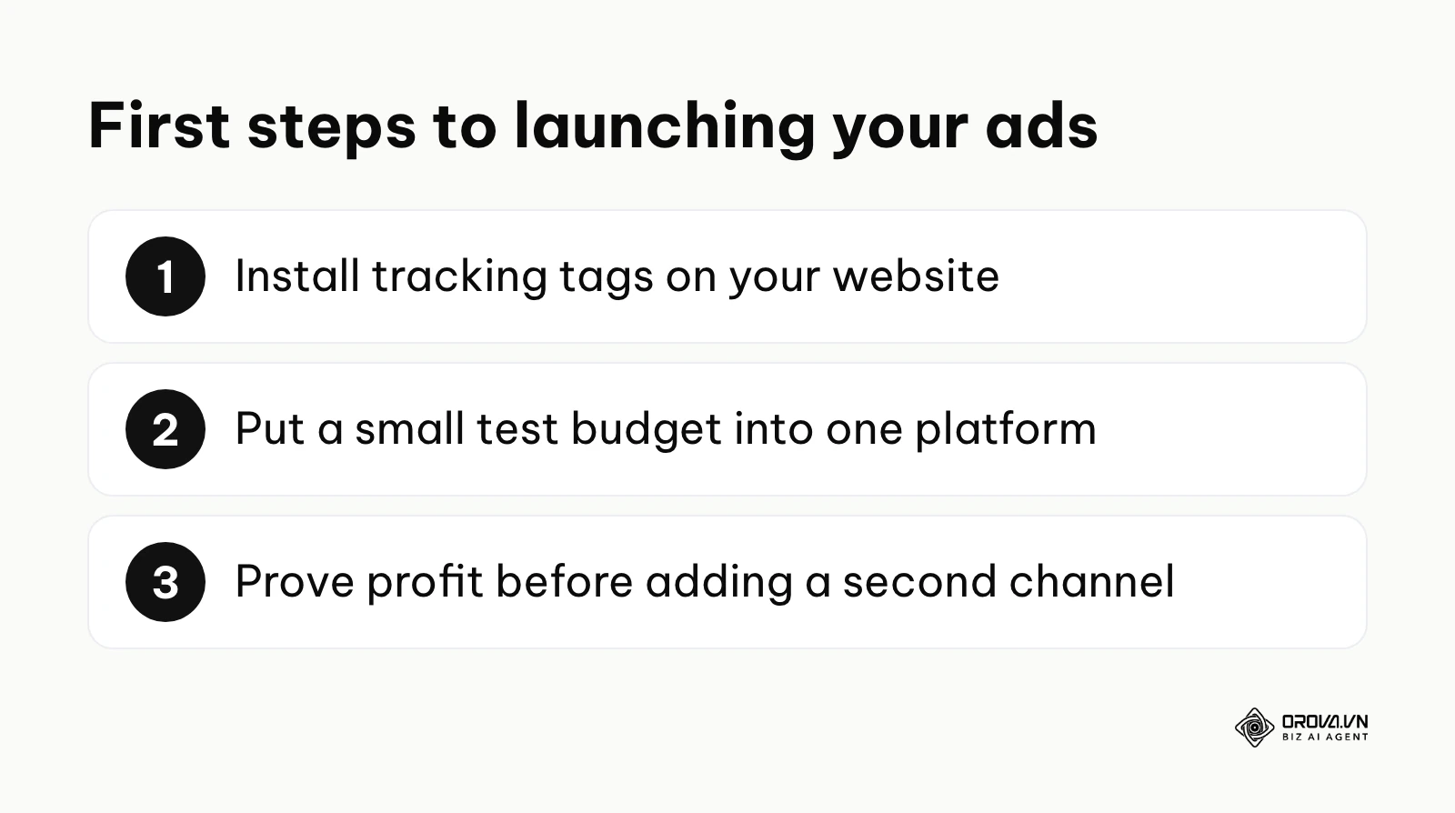 A numbered list detailing the first three steps to take when starting with paid ads.