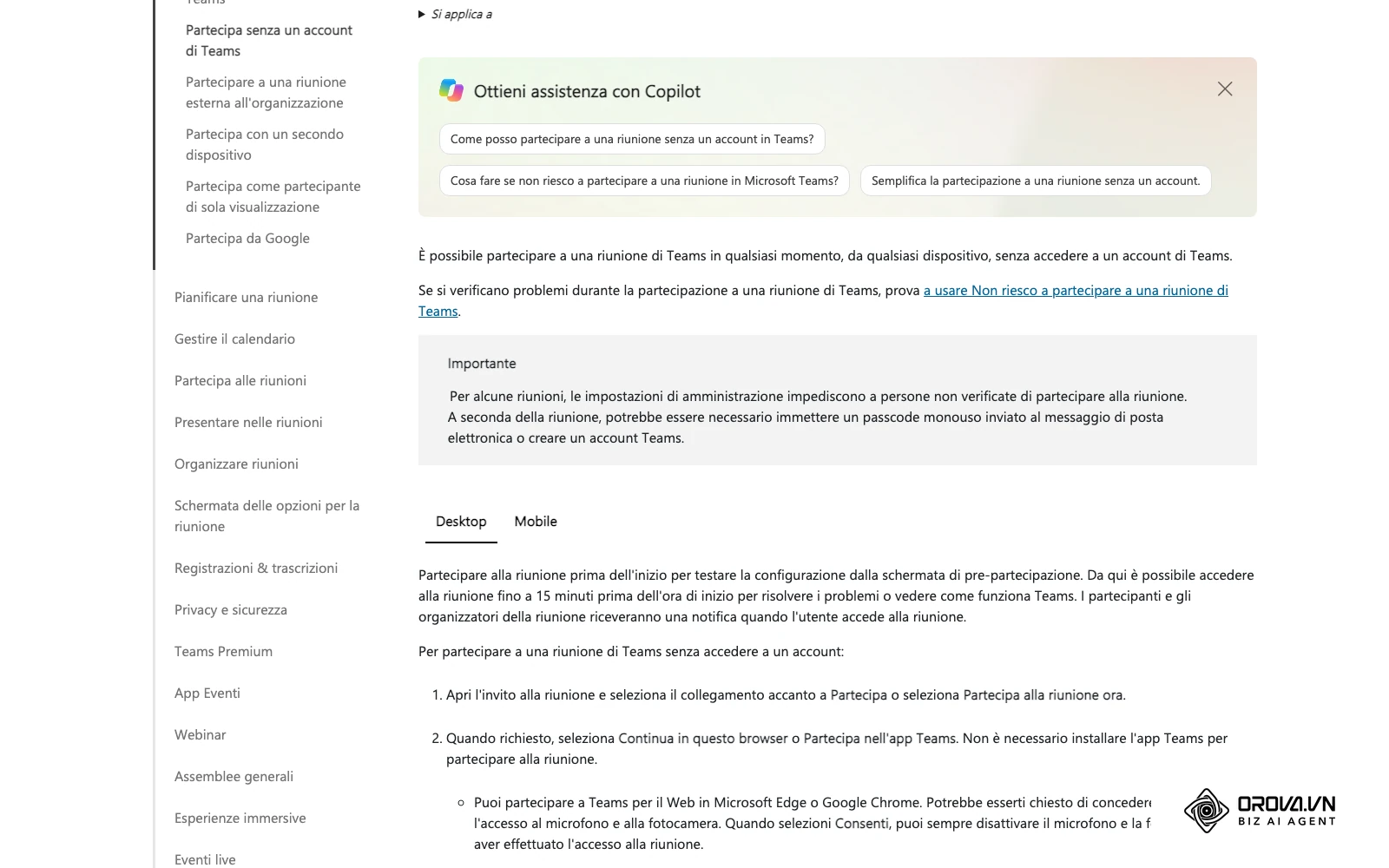 Pagina di supporto Microsoft in italiano: partecipare a una riunione di Teams senza account, con Continua in questo browser e Partecipa ora.