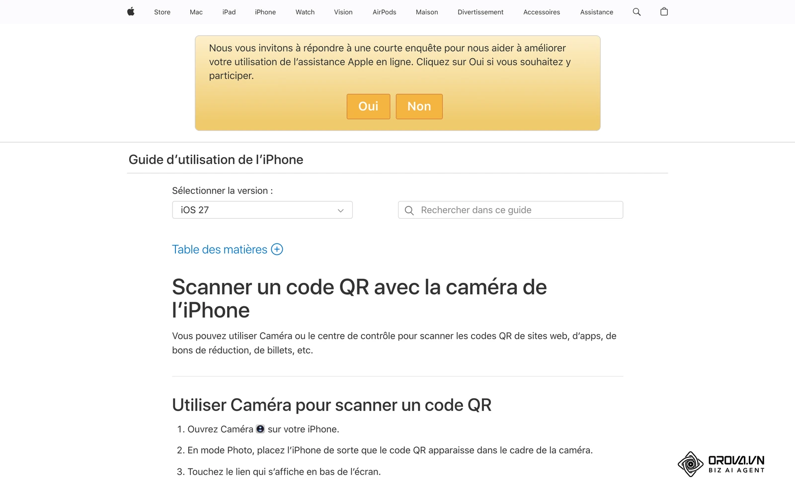 Guide officiel d'Apple « Scanner un code QR avec la caméra de l'iPhone » : ouvrir Caméra, cadrer le code, puis toucher le lien affiché.