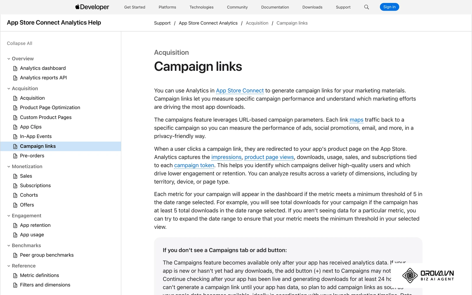Aide officielle App Store Connect sur les liens de campagne (jetons pt et ct) utilisés pour attribuer les installations.