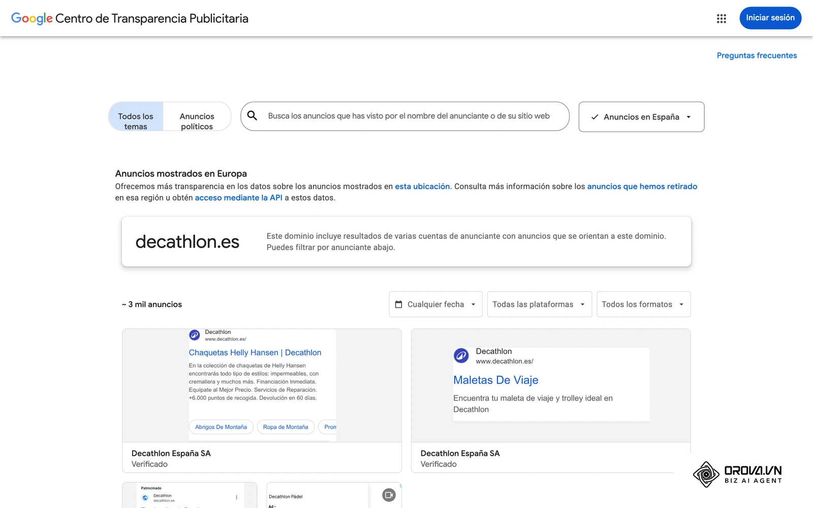 Centro de transparencia de anuncios de Google: creatividades reales de un mismo anunciante en Búsqueda, YouTube y Display.