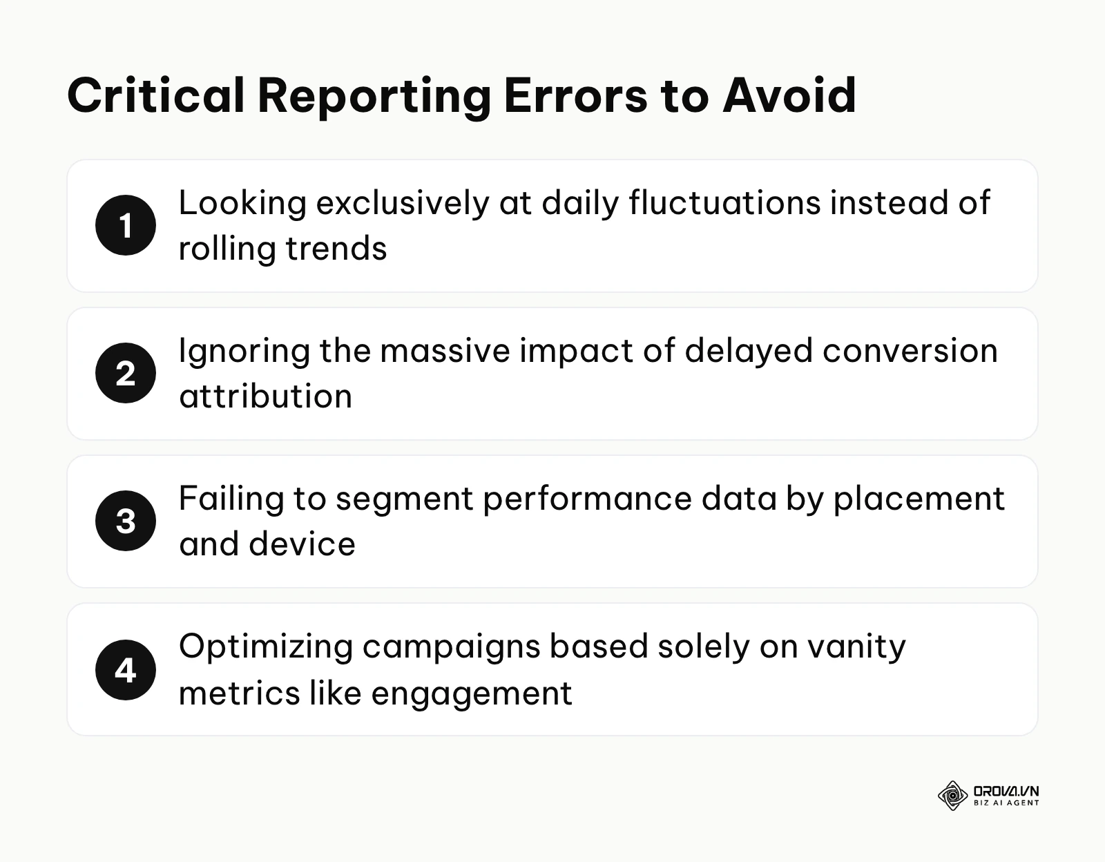 A numbered list summarizing the most frequent mistakes marketers make when reading their ad reports.