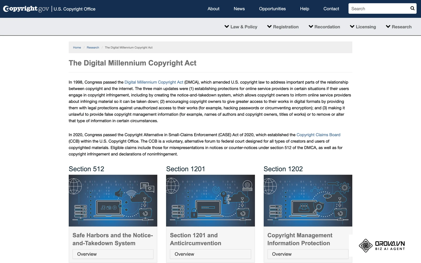 Trang thông tin về Đạo luật Bản quyền Thiên niên kỷ Kỹ thuật số (DMCA) của Cục Bản quyền Tác giả Hoa Kỳ, nền tảng của nhiều yêu cầu gỡ nội dung.
