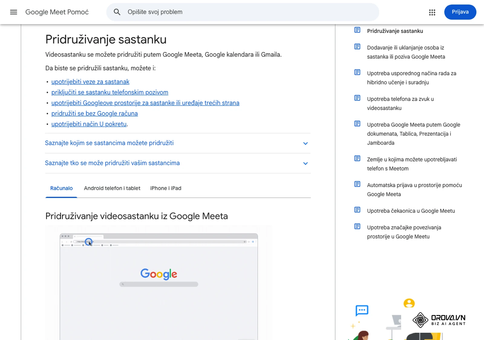 Stranica pomoći Google Meeta (hrvatski): koraci za pridruživanje sastanku iz preglednika