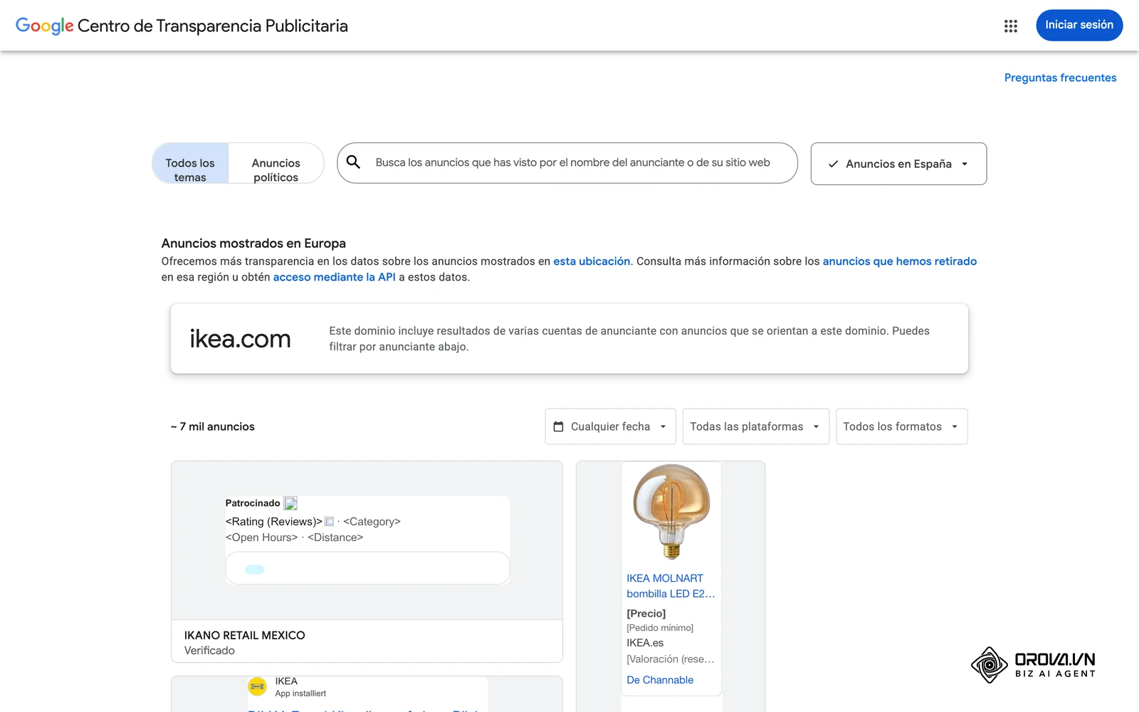 Centro de Transparencia de Anuncios de Google: anuncios reales vinculados al dominio ikea.com.