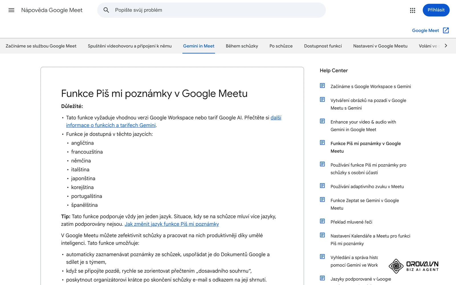 Oficiální nápověda Google Meet k funkci Piš mi poznámky, která po schůzce vytvoří poznámky v Dokumentech Google.