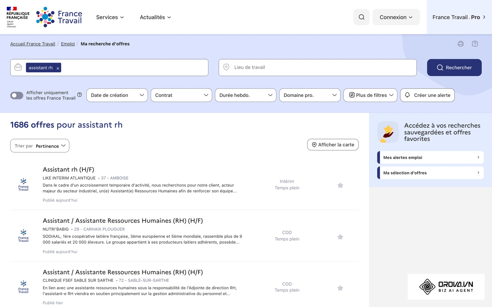 Page publique de résultats d'offres d'emploi sur le site de France Travail : la face visible d'un recrutement.