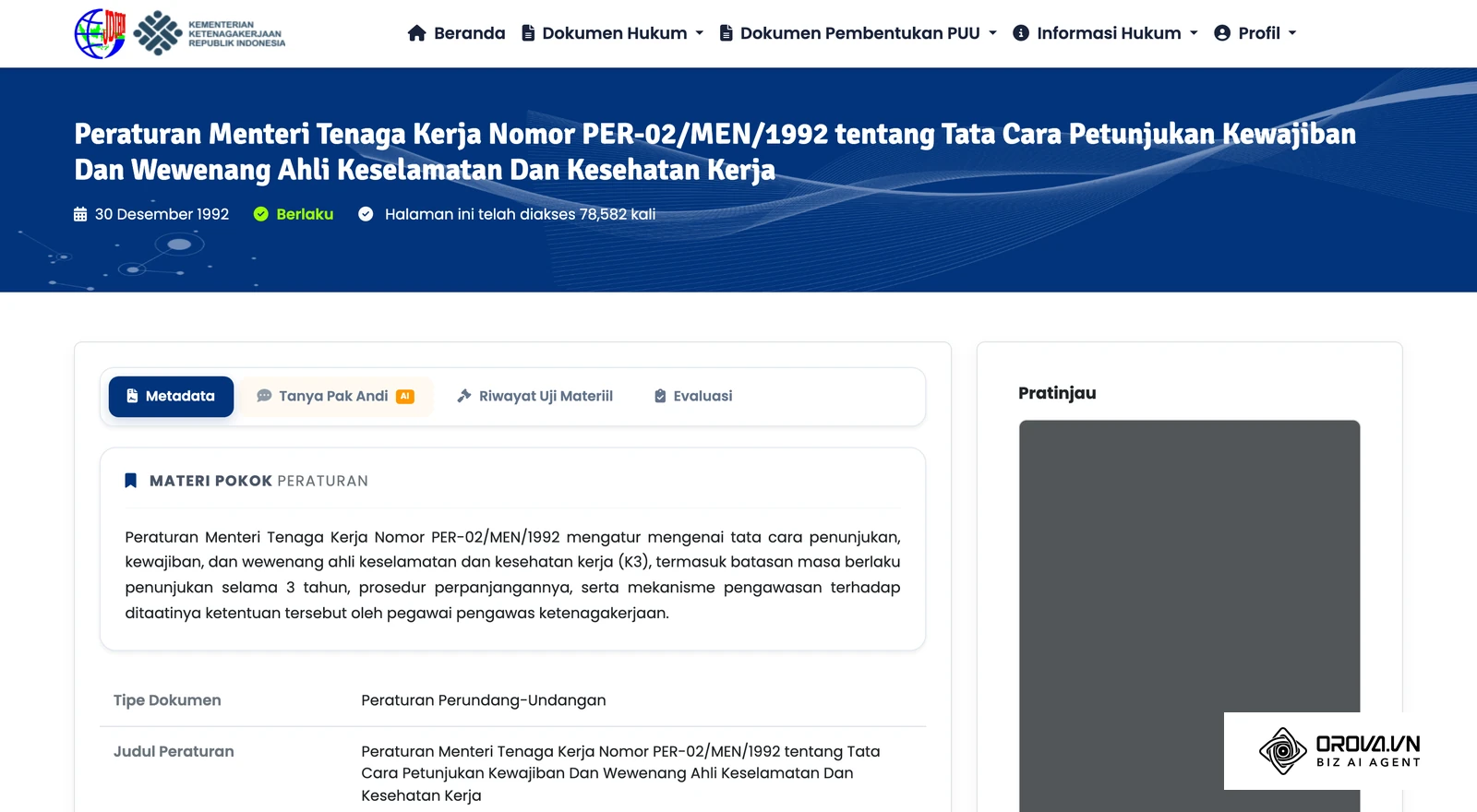 Halaman resmi JDIH Kemnaker untuk Permenaker Nomor PER-02/MEN/1992 tentang tata cara penunjukan, kewajiban, dan wewenang Ahli K3, rujukan jalur sertifikasi Ahli K3 yang berbeda dari pelatihan internal.