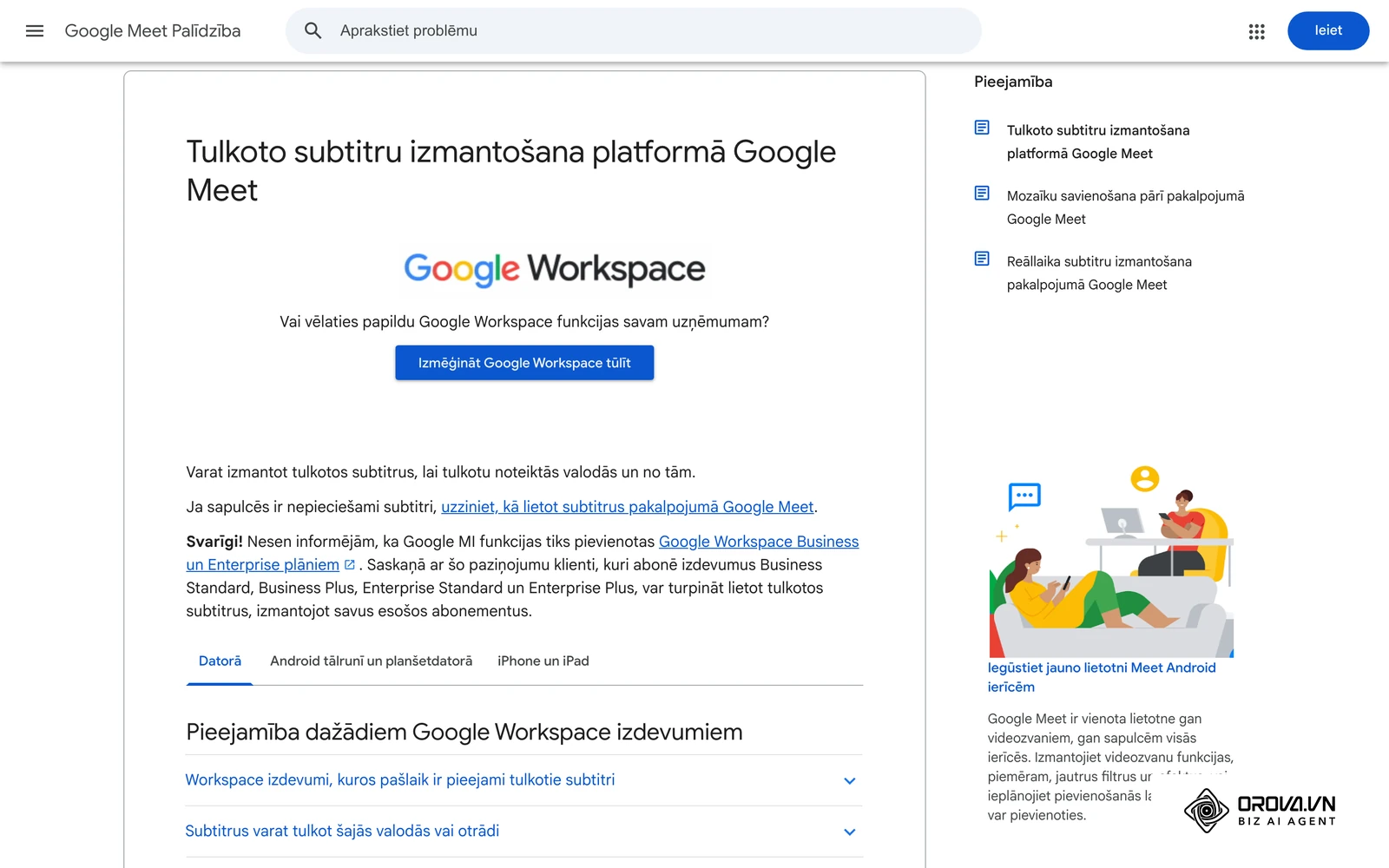 Google Meet palīdzības lapa latviešu valodā: tulkoto subtitru izmantošana sapulces laikā.