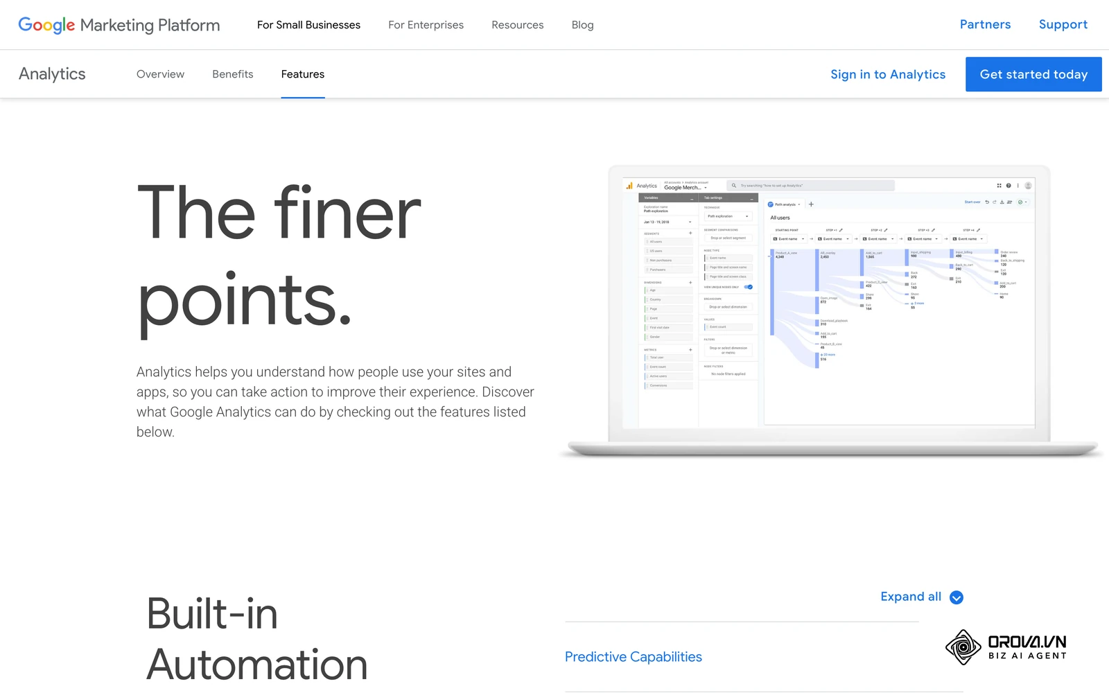 Google Analytics product page showing a path exploration report, the step-by-step journey view that attribution analysis builds on.