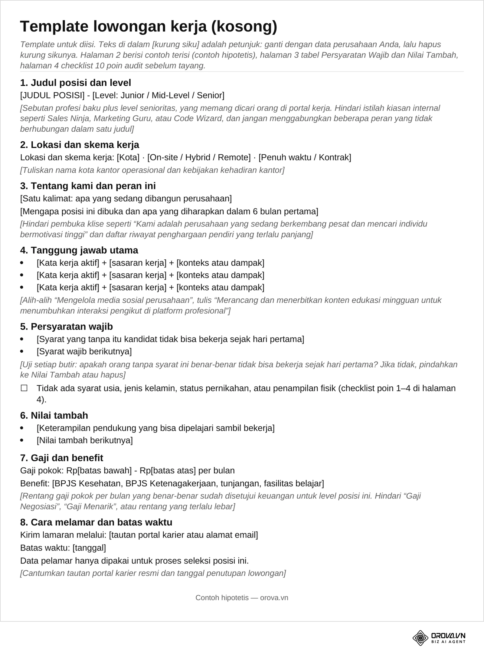 Halaman 1 file unduhan: template lowongan kerja kosong dengan delapan blok, dari judul posisi dan level sampai cara melamar dan batas waktu, serta petunjuk dalam kurung siku di bawah setiap blok.