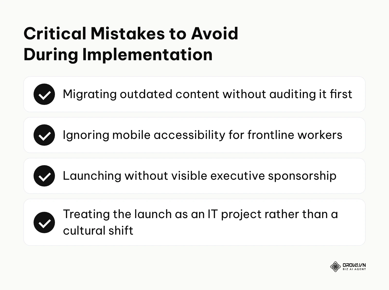 List of common LMS implementation mistakes such as migrating outdated content and ignoring mobile access.