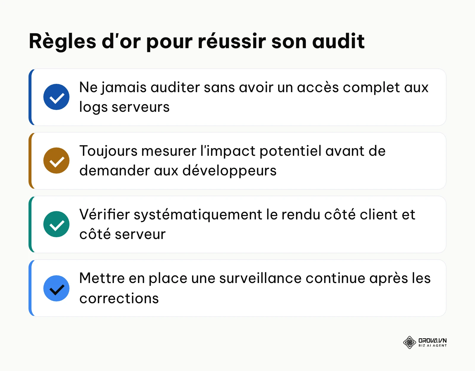 Règles d'or : accès aux logs, mesure d'impact, rendu client/serveur, et surveillance continue