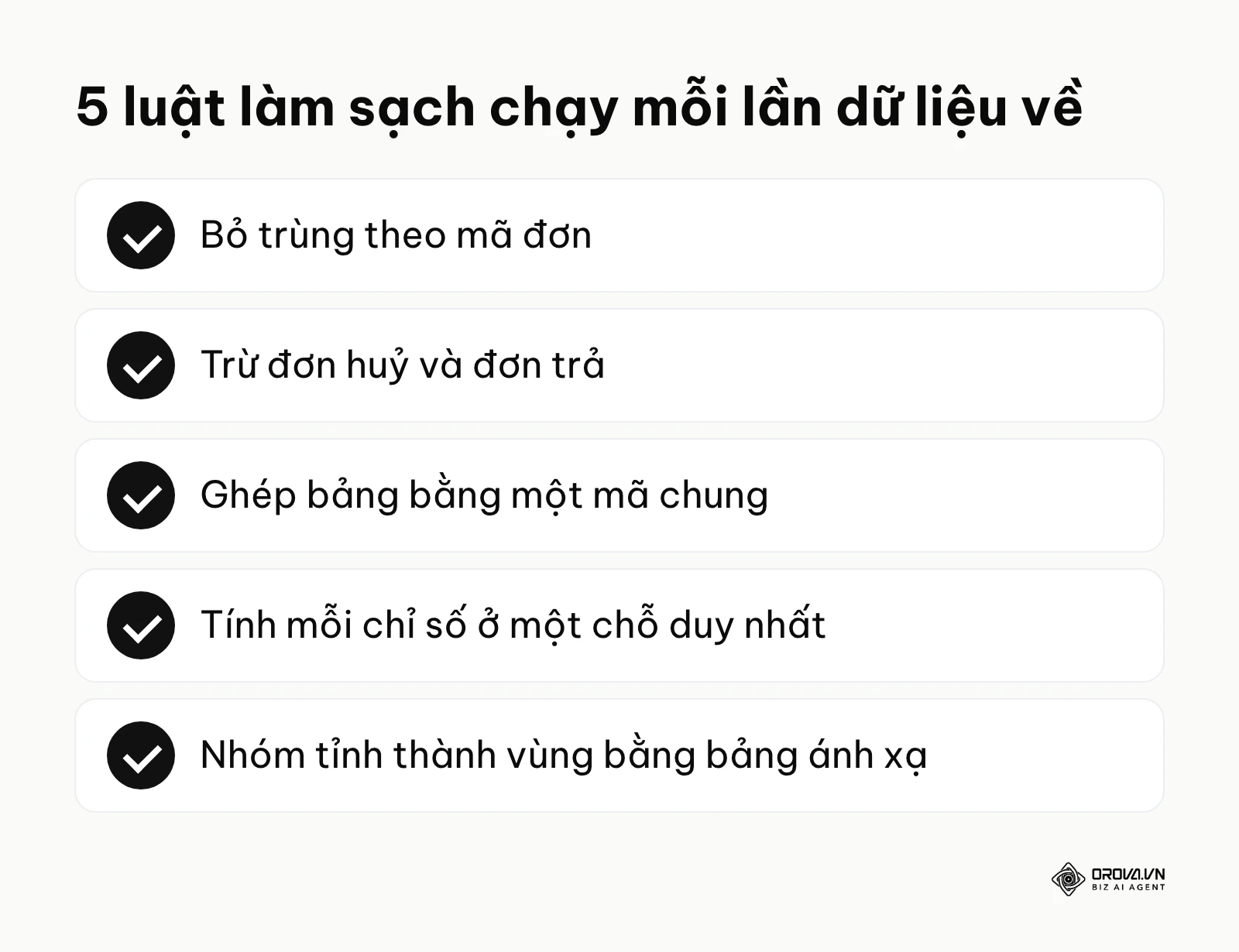 Danh sách 5 luật làm sạch dữ liệu bán hàng chạy tự động mỗi lần có dữ liệu mới.