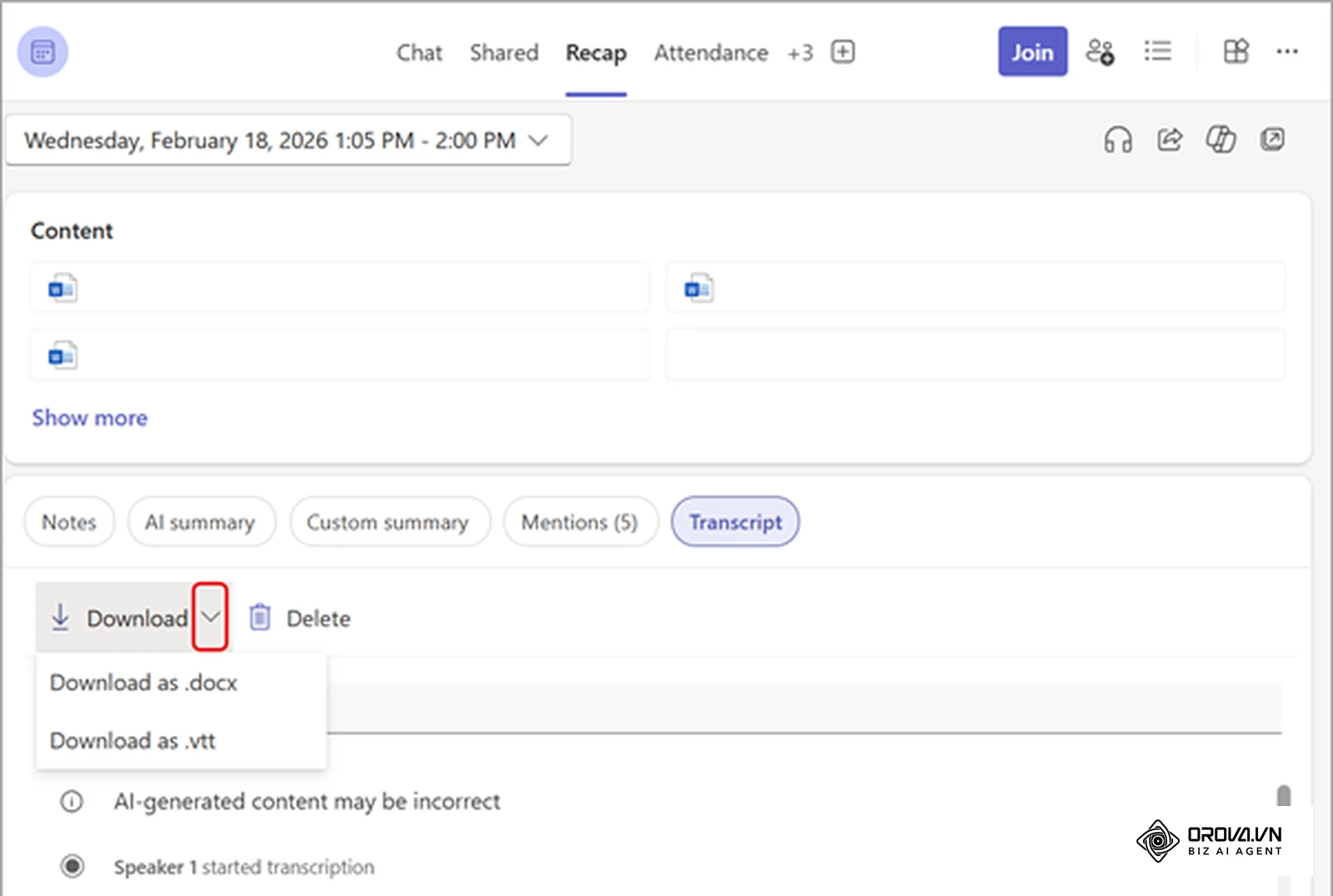 Schermafbeelding uit een helppagina van een vergaderplatform: het transcript van een vergadering, dat u achteraf als .docx- of .vtt-bestand kunt downloaden.