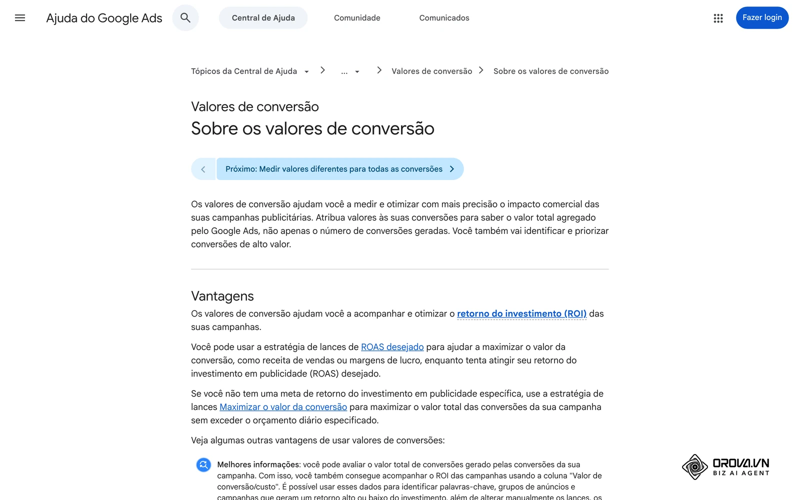 Central de Ajuda do Google Ads em português: Sobre os valores de conversão, a base para calcular ROAS e retorno das campanhas.