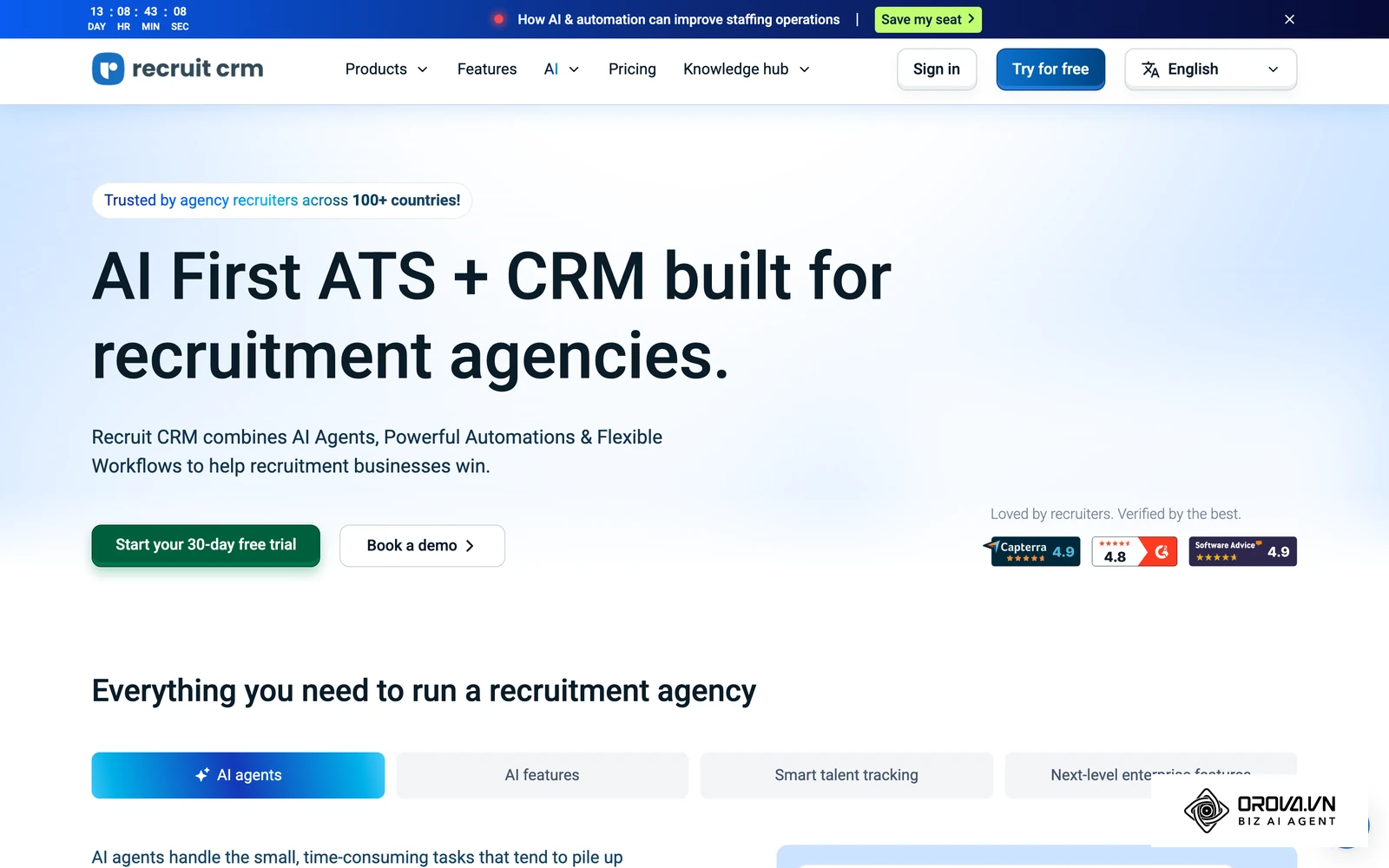 Recruit CRM's official homepage, which presents its combined ATS and CRM for recruitment agencies.
