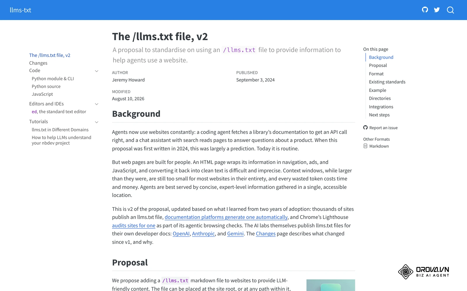 Sitio de la propuesta llms.txt, el archivo de contexto que se revisa en la auditoría.