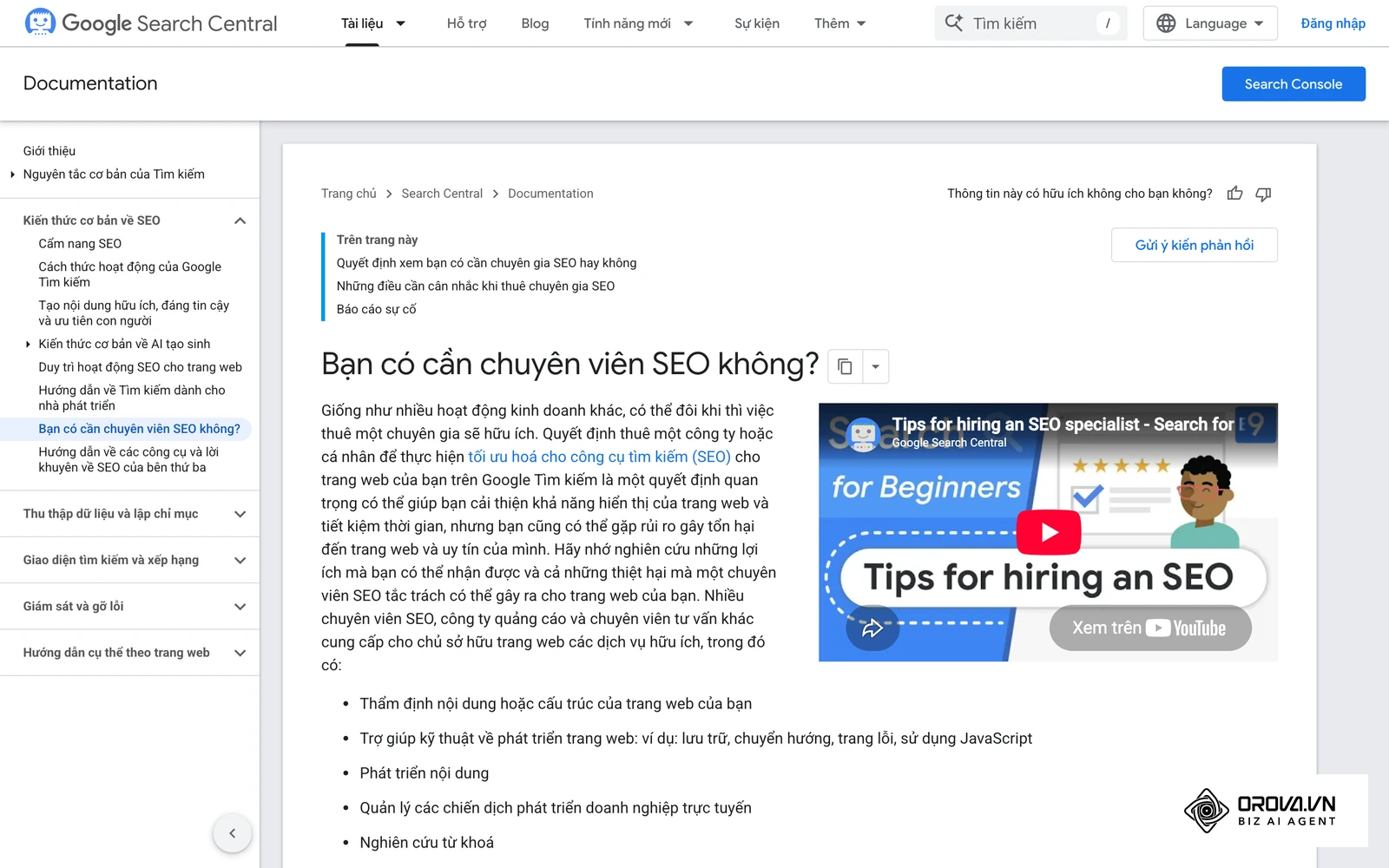 Trang hướng dẫn của Google về việc thuê chuyên viên SEO, kèm danh sách câu hỏi nên đặt cho đơn vị cung cấp dịch vụ.