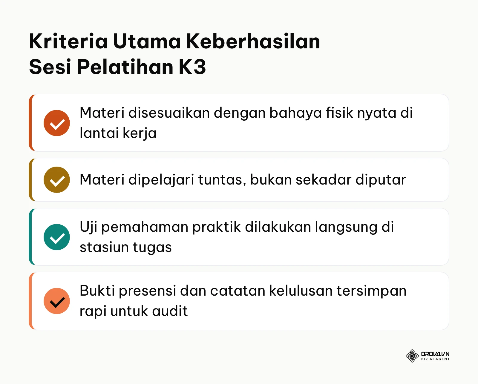 Daftar periksa parameter keberhasilan pelaksanaan pelatihan keselamatan kerja internal.