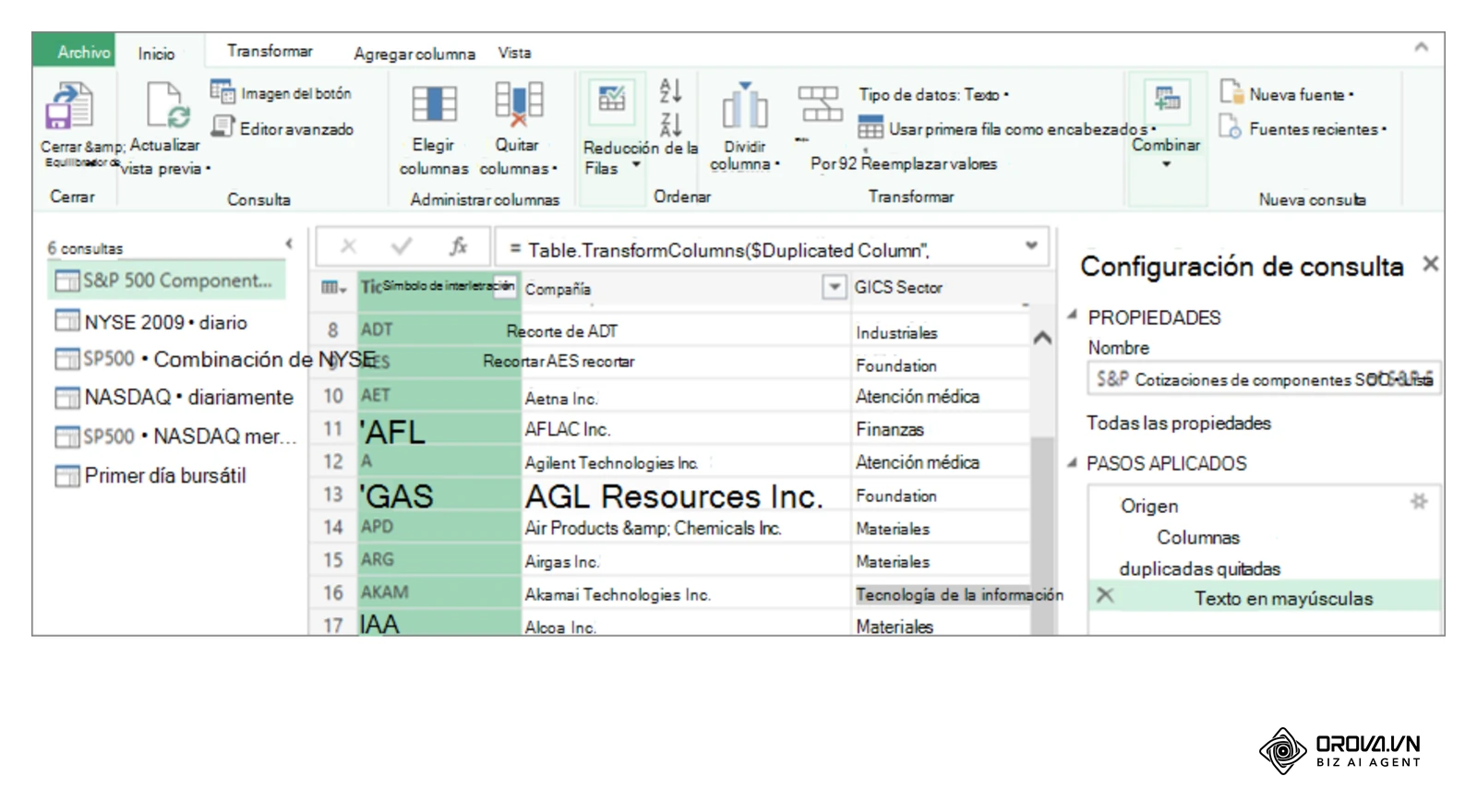 Editor de Power Query a Excel amb la llista de consultes, la vista prèvia de dades i el panell Passos aplicats (ajuda oficial de Microsoft, versió en castellà).