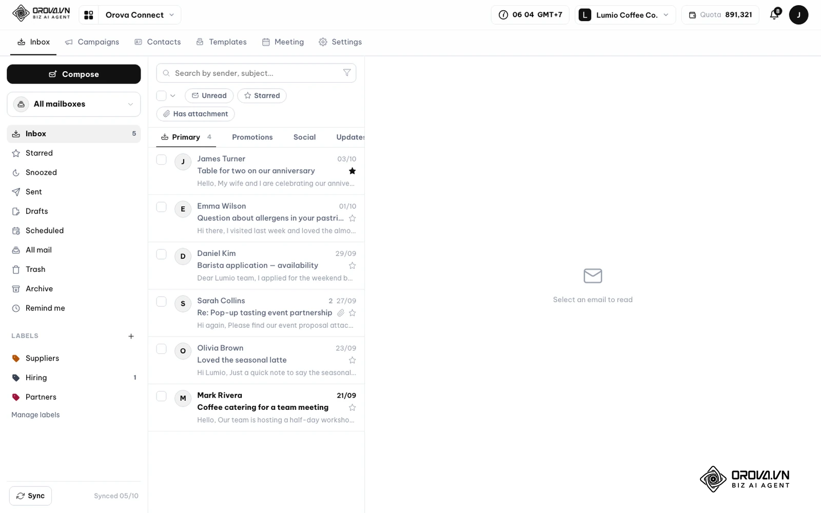 Inbox di Orova Connect con le caselle collegate, le etichette, le schede Primary, Promotions, Social e il pulsante Compose.