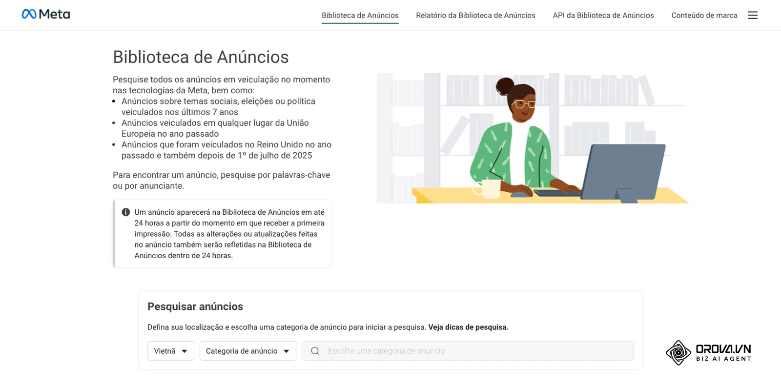Página inicial da Biblioteca de Anúncios da Meta em português com o quadro Pesquisar anúncios, o menu de país e o menu Categoria de anúncio